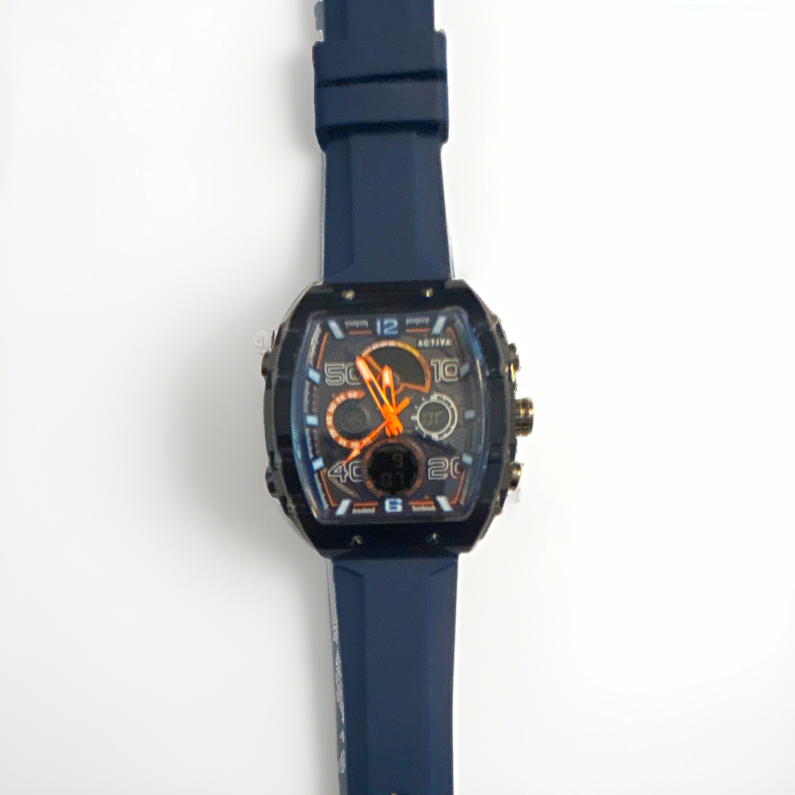 Activa Men’s Quartz Chronograph 50m Black Tonneau Watch Blue Rubber Strap