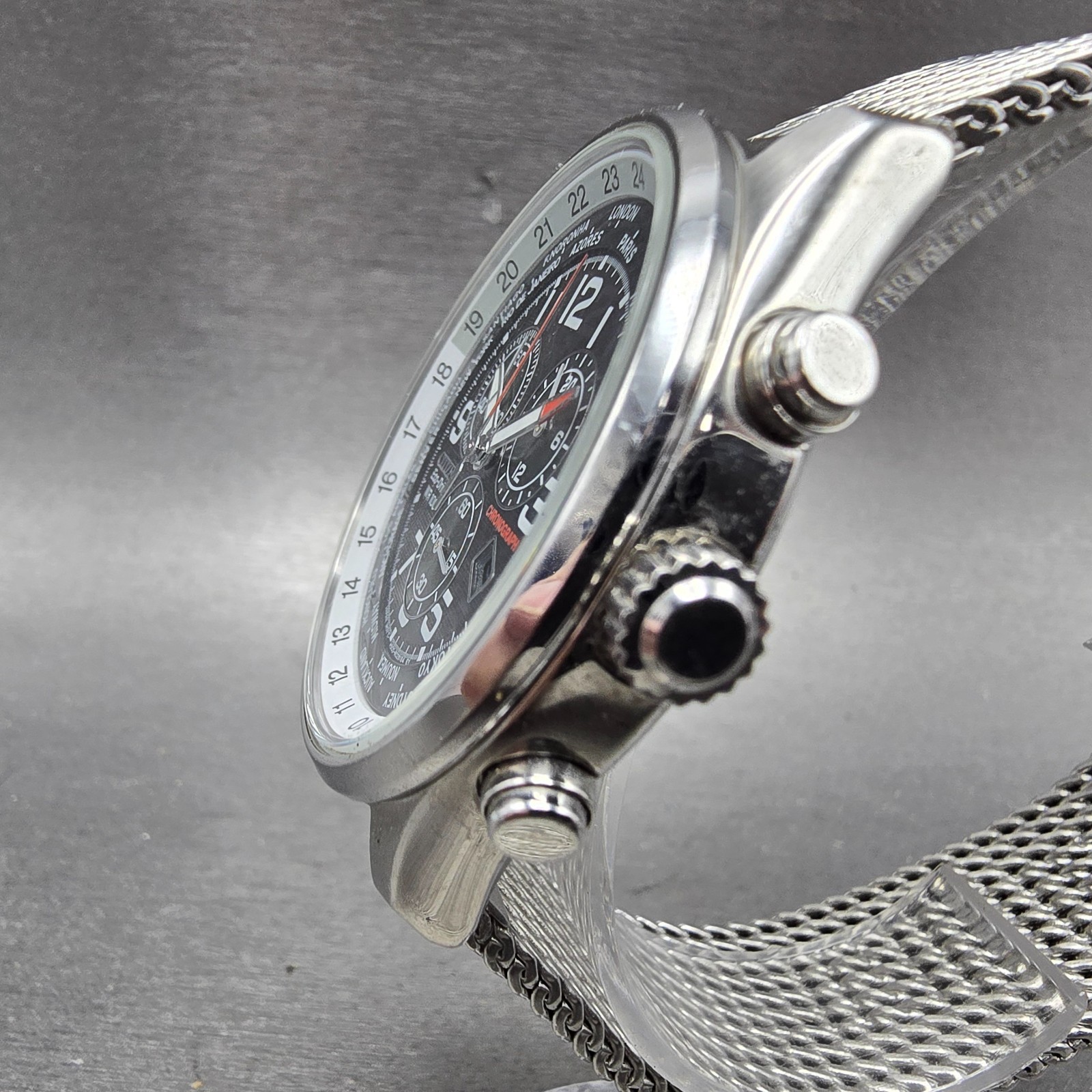 Citizen Eco-Drive World Timer Watch Men 43mm Black Dial Silver Tone Chrono Runs