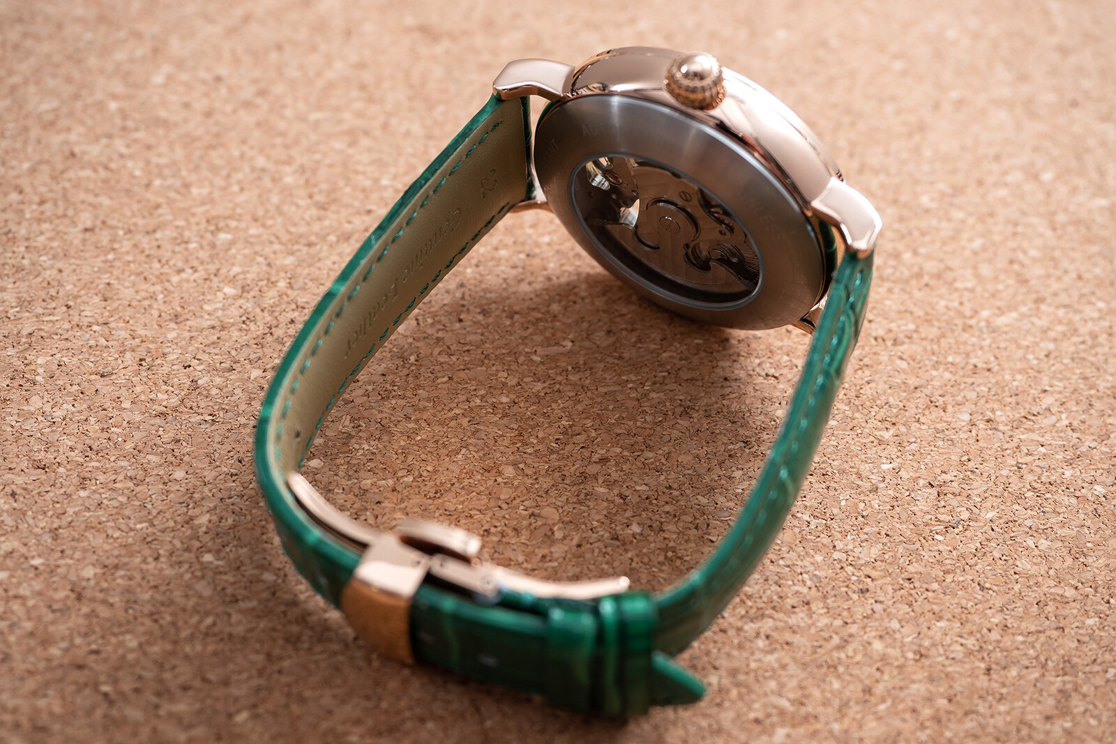 Mens Dual Time Automatic Mechanical Skeleton Watch Rose Gold Green Leather