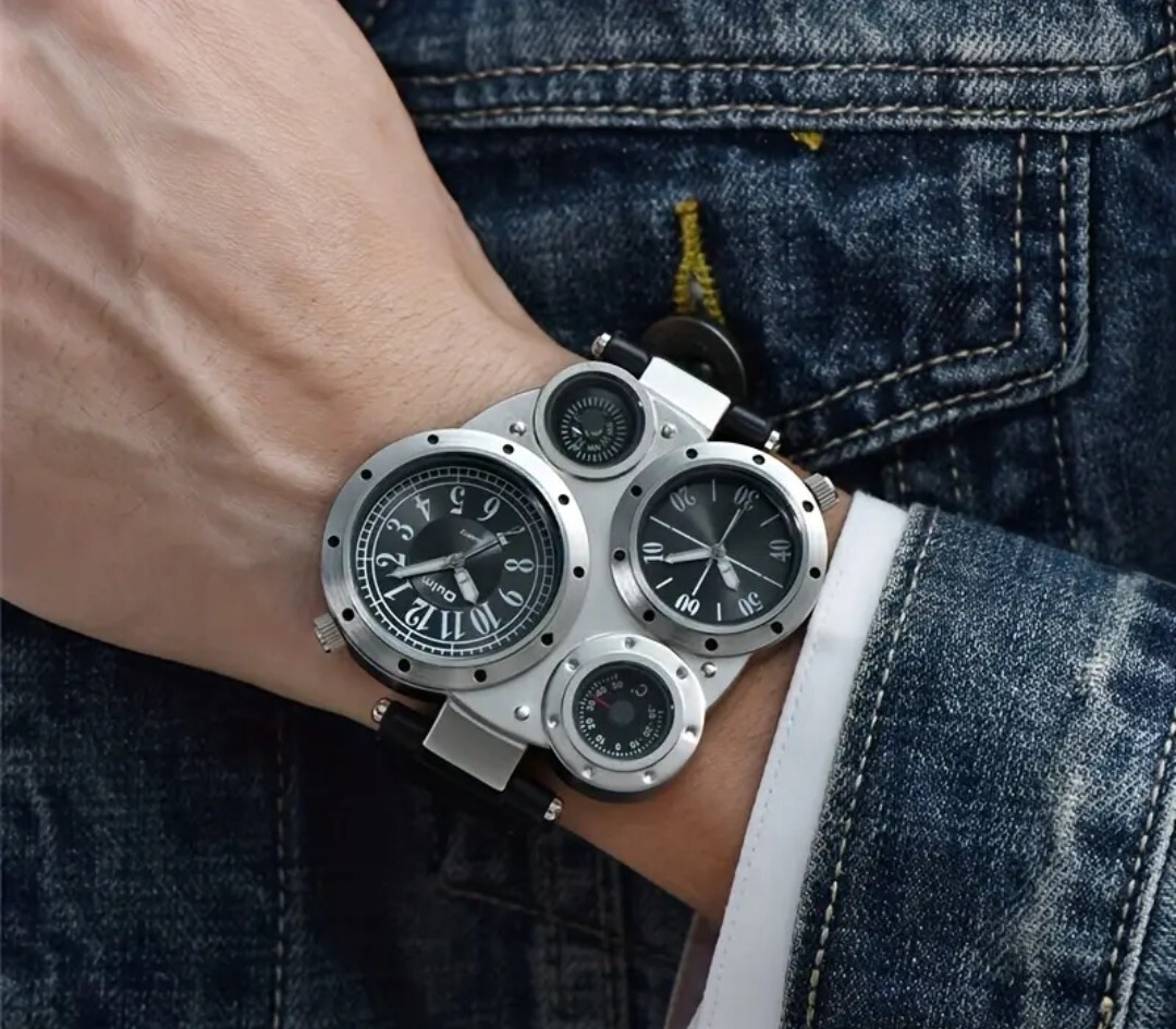 Compass Quartz Watch Two Time Zones