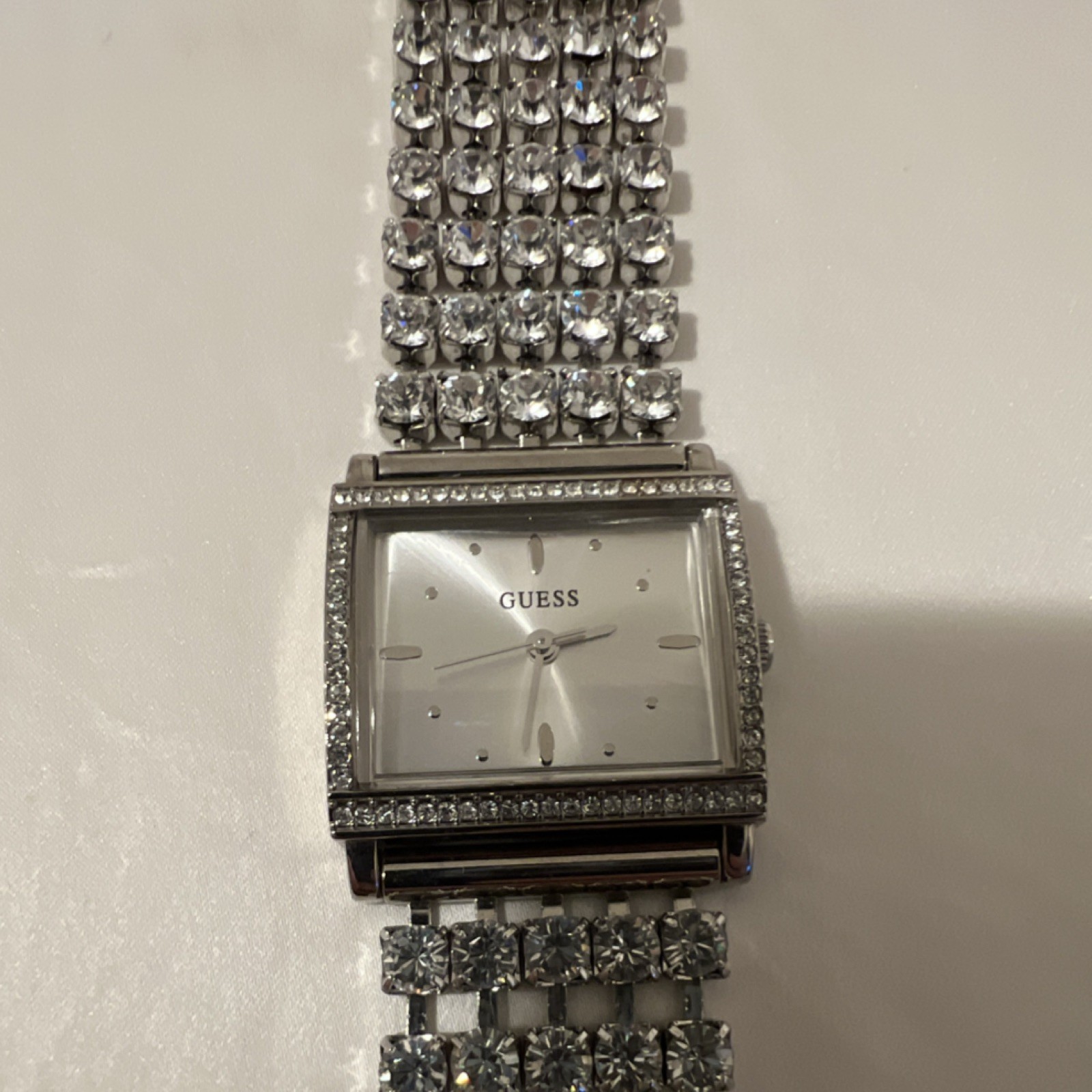 GUESS Silver Rectangle Analog Dress Wristwatch Metal Band Jewelry Clasp