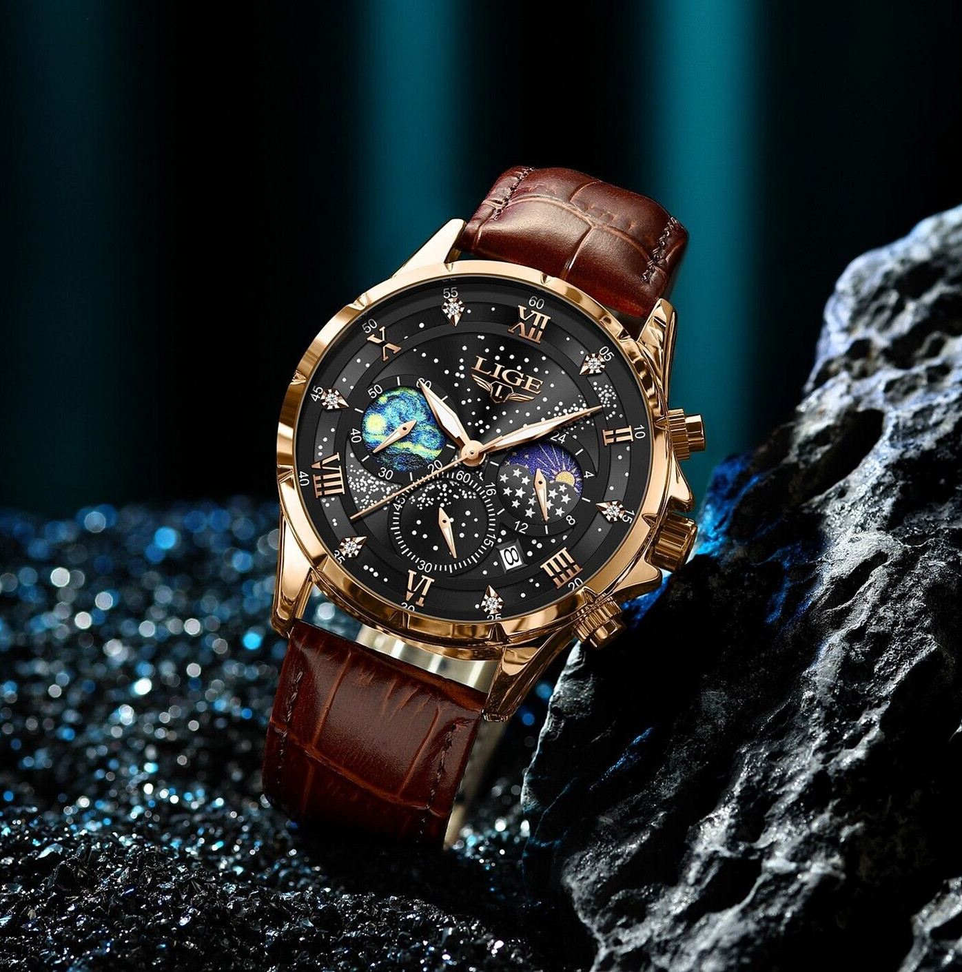 LIGE Men Watch Quartz Date Moonphase Waterproof Luminous Sport Casual Wristwatch