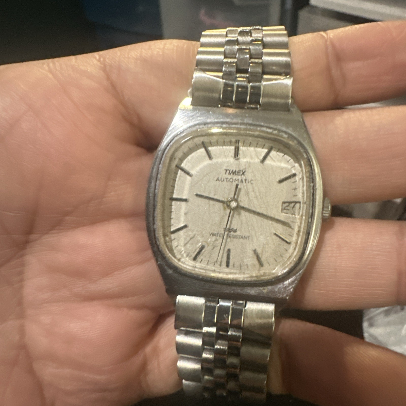 Working Vintage Timex Automatic Mens watch Silver Tone Steel 34mm Fit 7.5 Runs