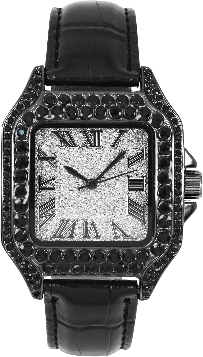 Iced Out Men’s 32mm Square Dial Watch – Hip Hop Style Leather Band