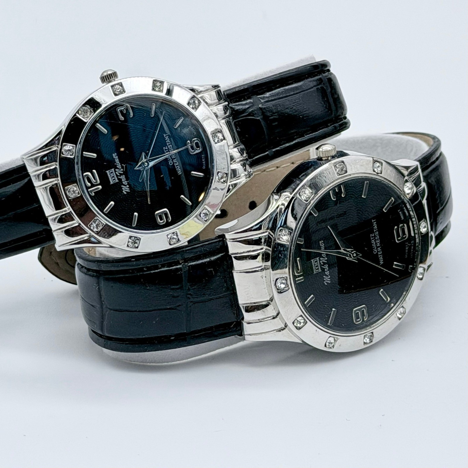 Mark Naimer Celebrity Couples Unisex Quartz Leather Black Crystal Watch Set