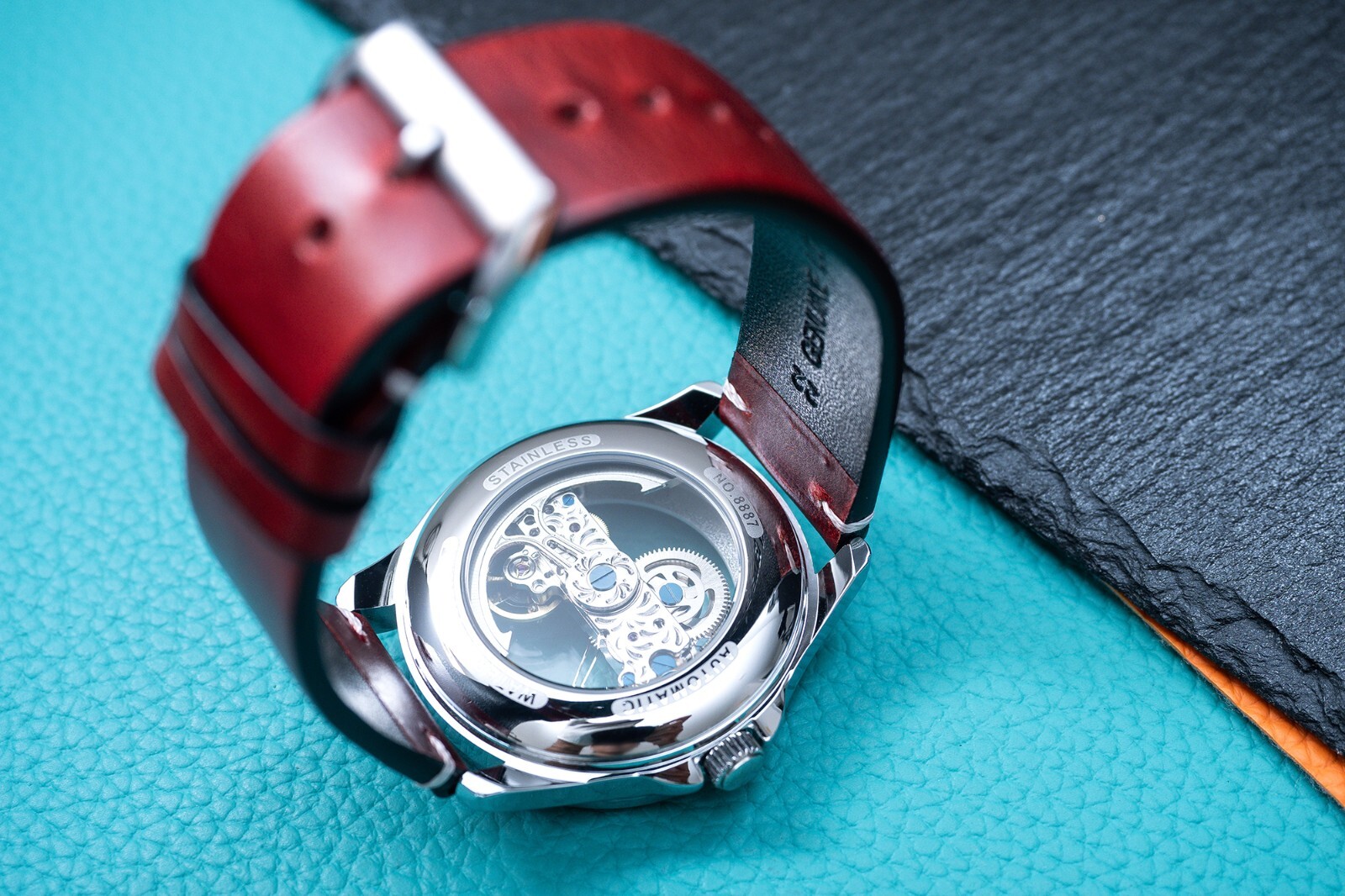 Mens Silver Automatic Mechanical Watch Bridge Rainbow Cubic Oil Waxed Dark Red