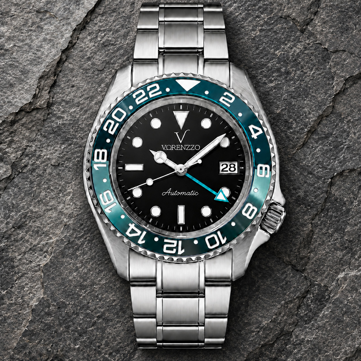 VORENZZO Automatic GMT Watch 40mm Black Dial Teal Bezel Sapphire Steel