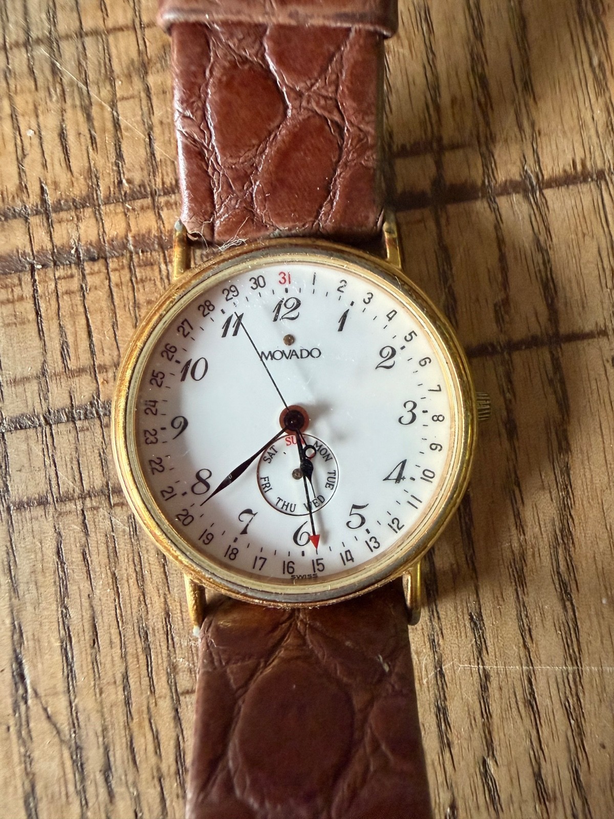 Movado ESQ Quartz Gold Tone Roman Numerals Brown Leather Band WR New Battery