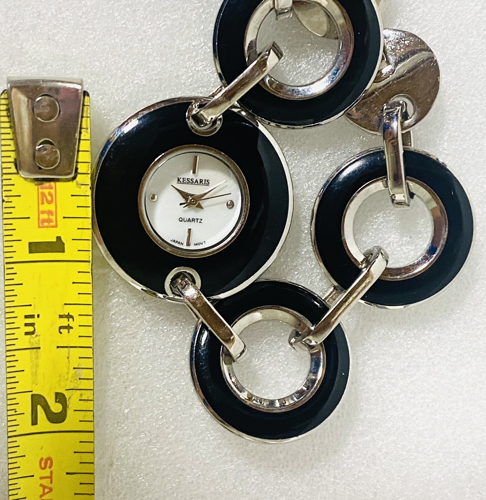 Bracelet Watch Kessaris Retro Design Black Silver **Needs Battery Chrome Circles