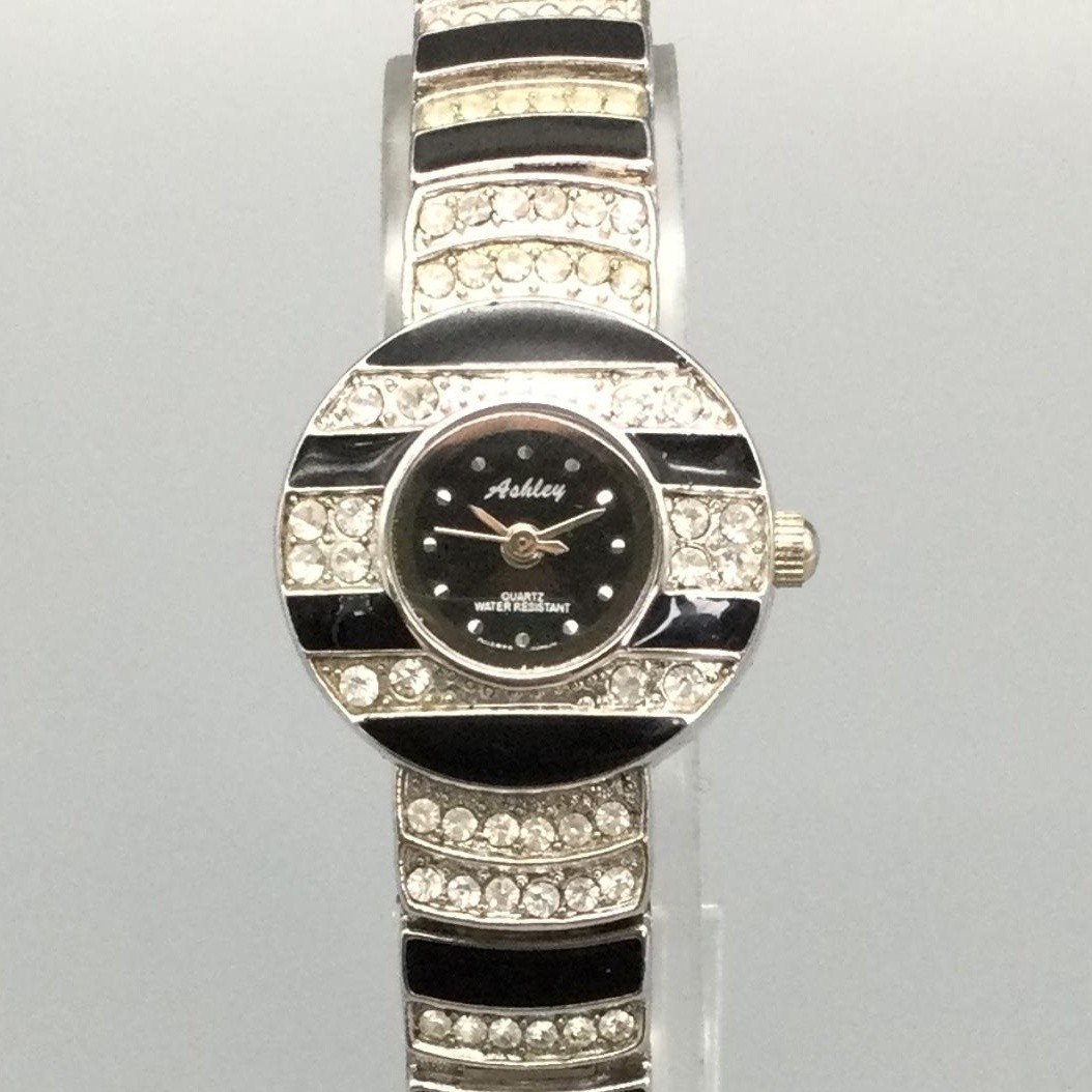 Ashley Womens Watch Black Dial Silver Tone Crystal Bracelet 2849 New Battery 7″