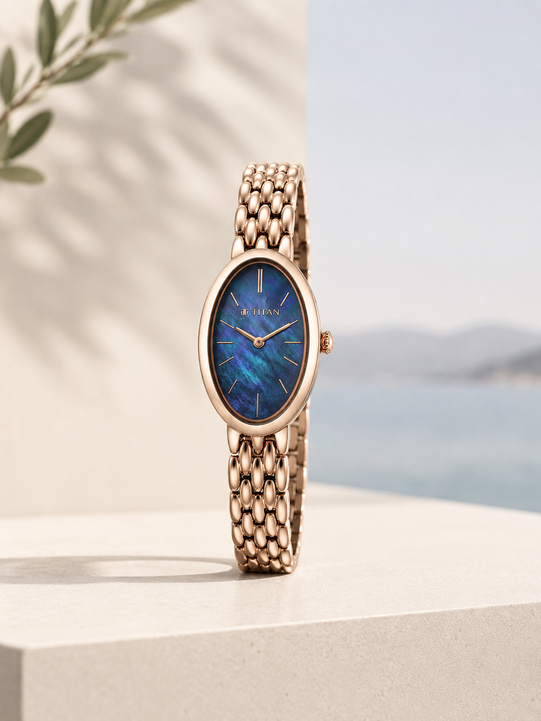 Titan Raga 95246WM01 Blue Mother of Pearl Oval Dial Rose Gold Ladies Watch New