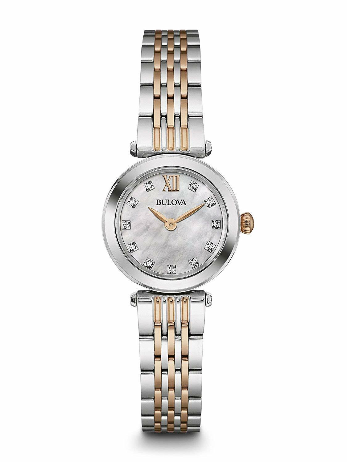 Bulova 98P156 11 Diamonds Gray MOP Dial Rose Gold Silver Tone Womens Watch