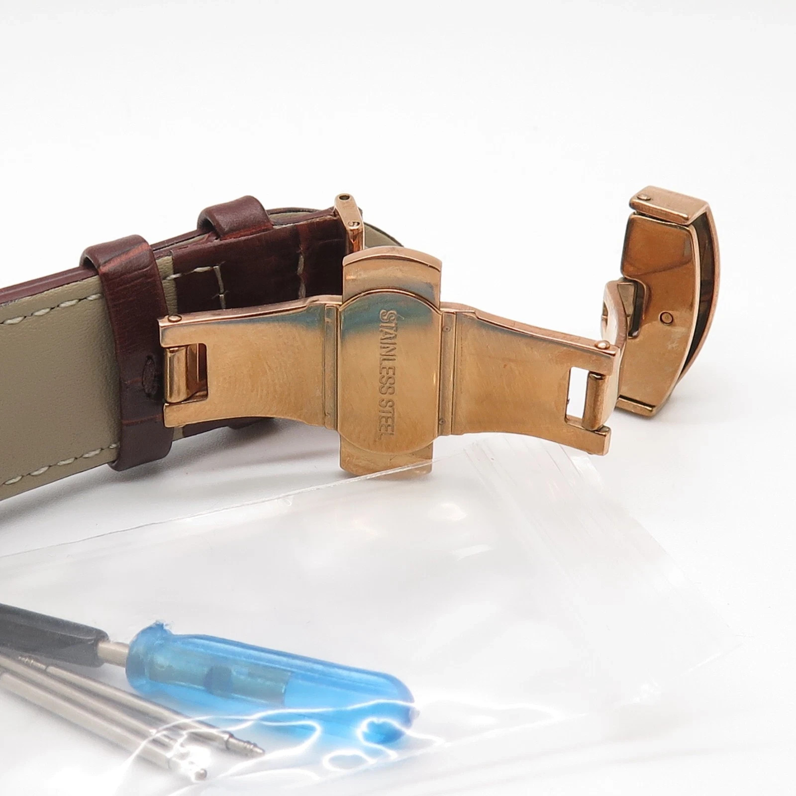Brown alligator-embossed Genuine Leather Watch Strap Rose Gold Deployment Clasp.