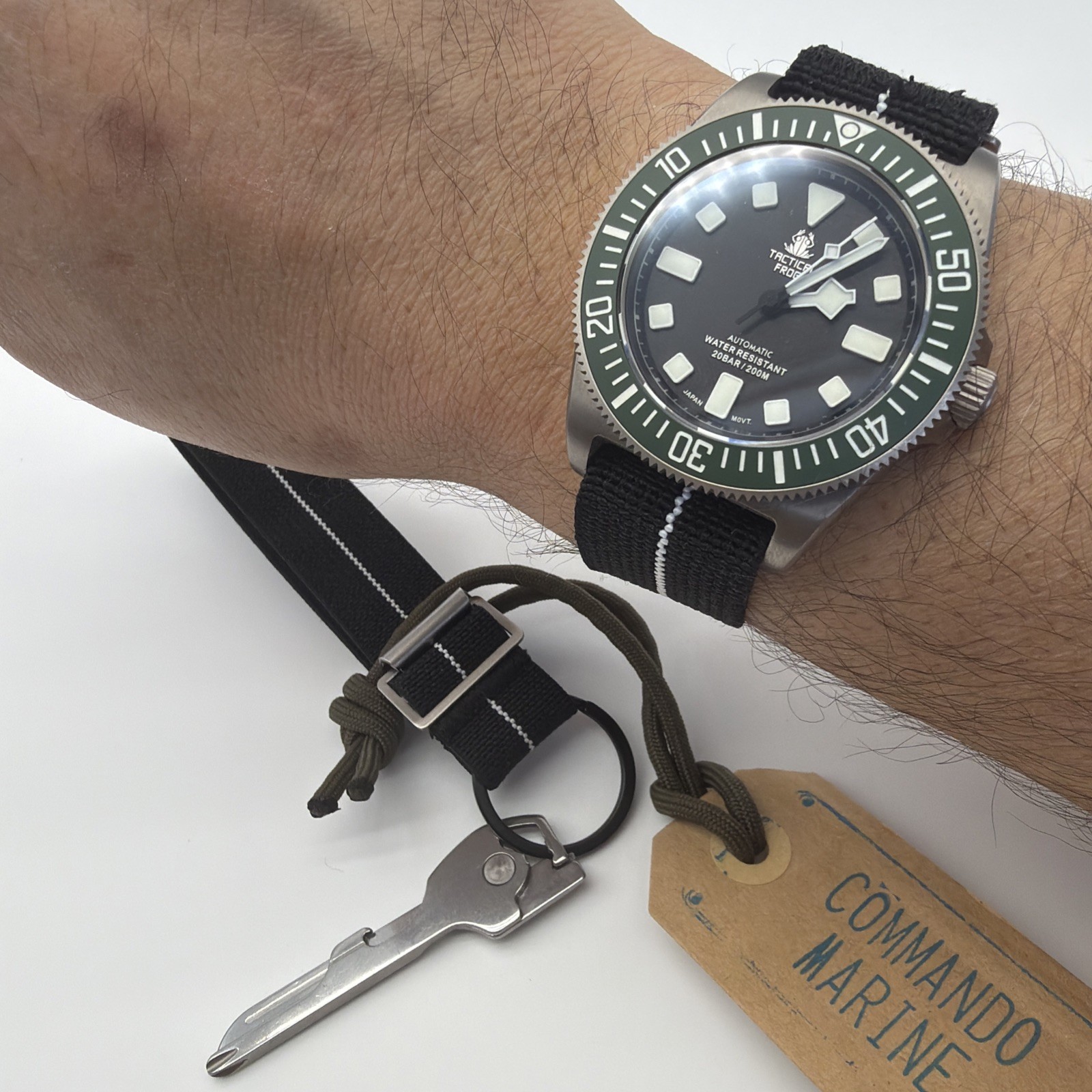 Tactical Frog Titanium NH35A Mechanical Watch Green Bezel Black Dial Fixed Lugs