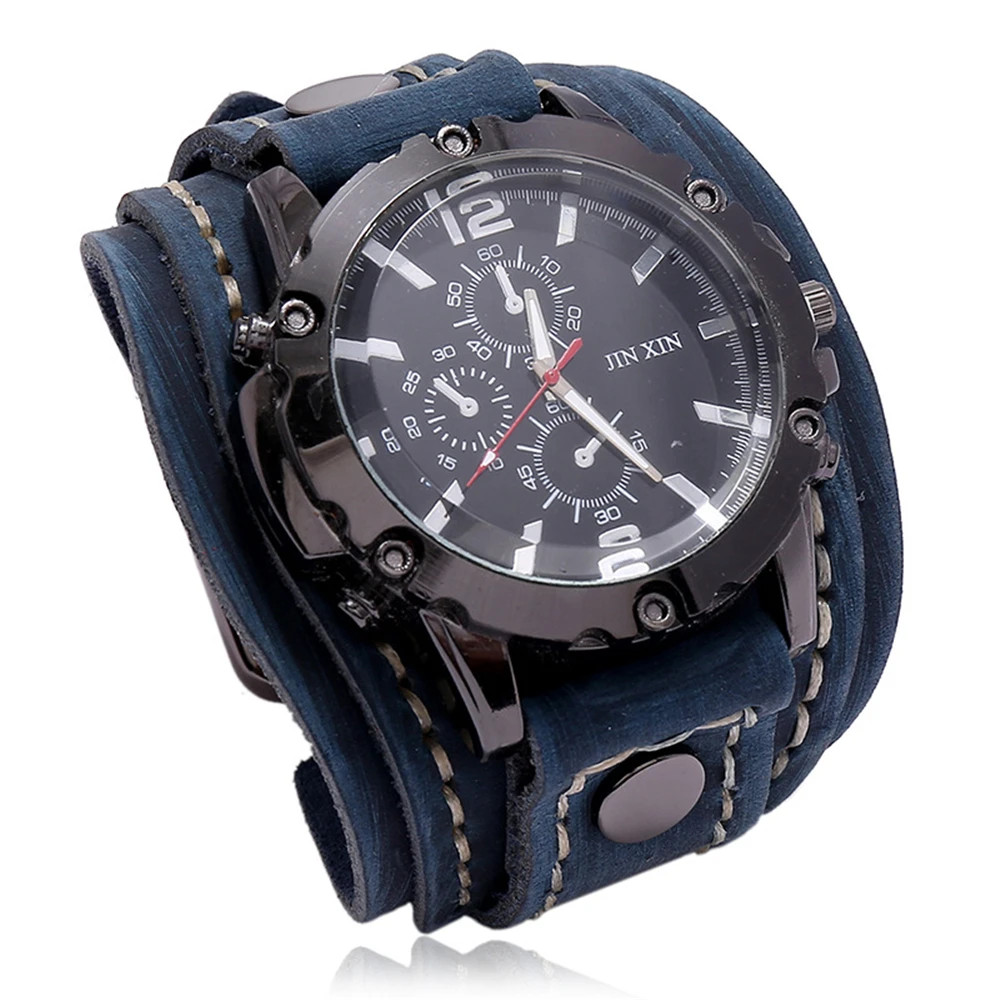 Black Brown Blue Men Pointer Quartz Watch Genuine Leather Strap Bracelet Vintage