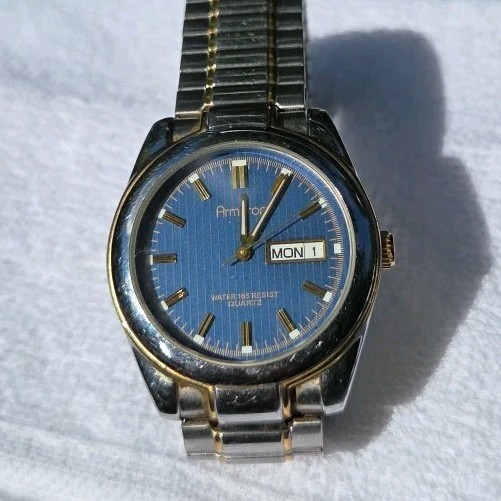 Mens Armitron Round Silver Gold Tone Blue Dial Day Date Flex Band Watch