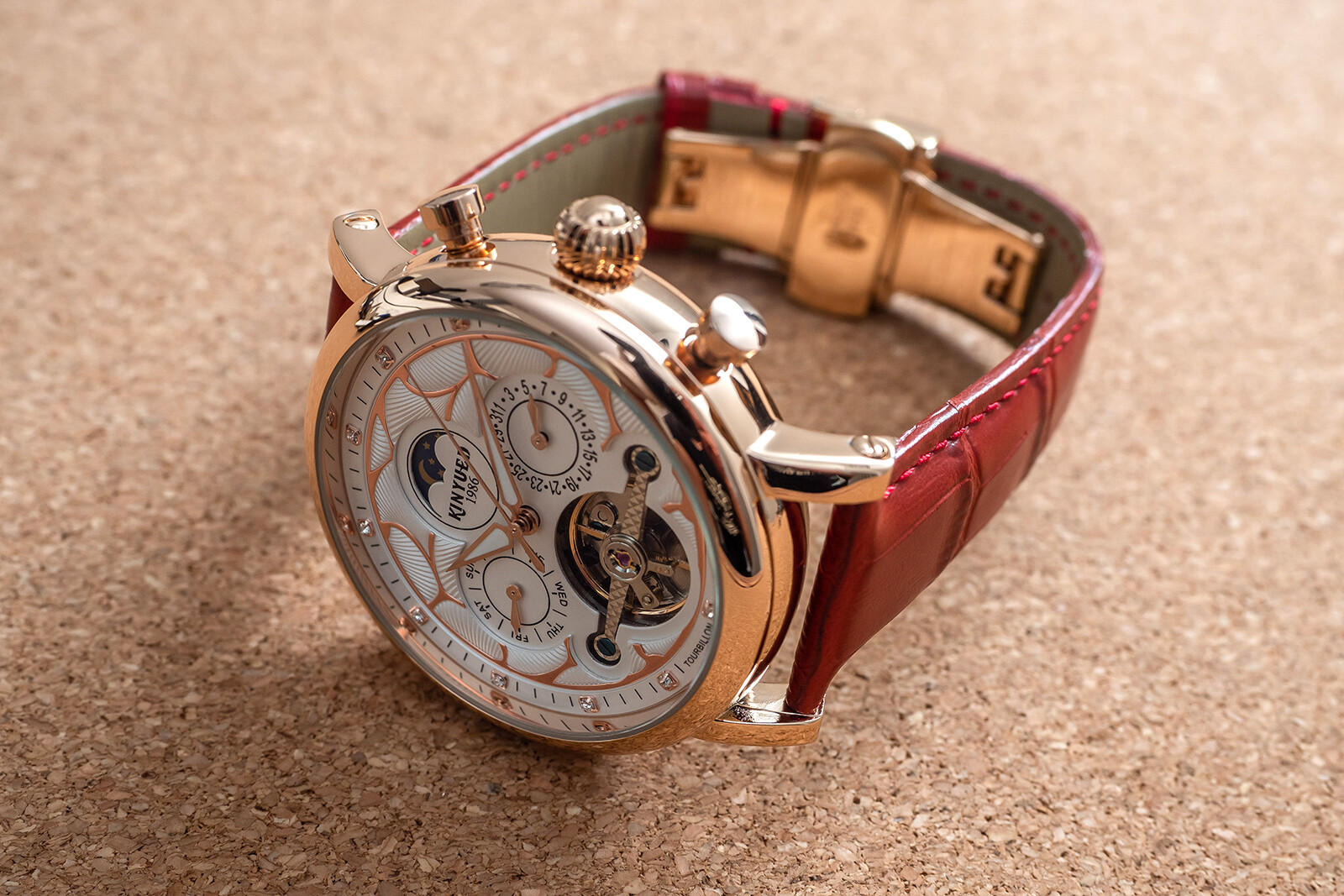 Mens Automatic Mechanical Watch Date Day Rose Gold White Red Leather Strap