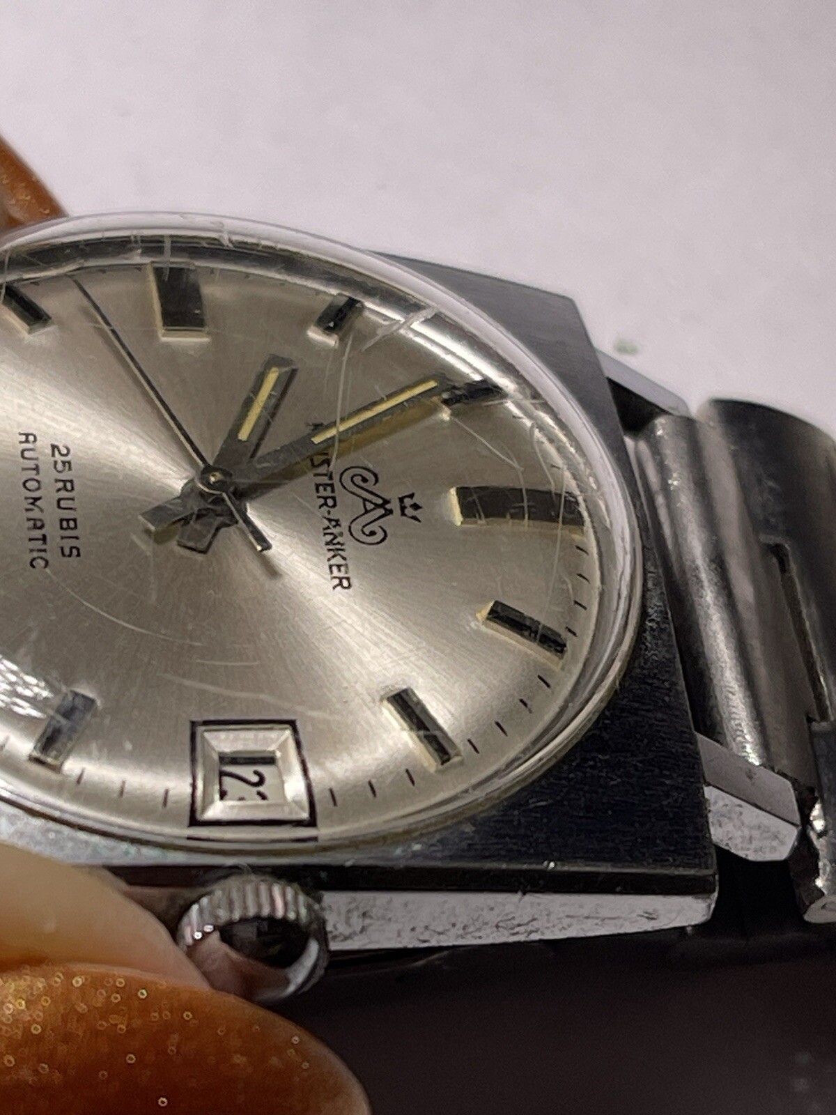 Meister Anker 1960s Auto Silvertone Bracelet Watch 25 Jewels Date- Runs See Note