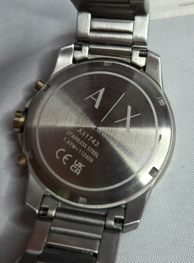 Armani Exchange Two-Tone IP Chronograph Watch with Black Dial and Chain Bracelet