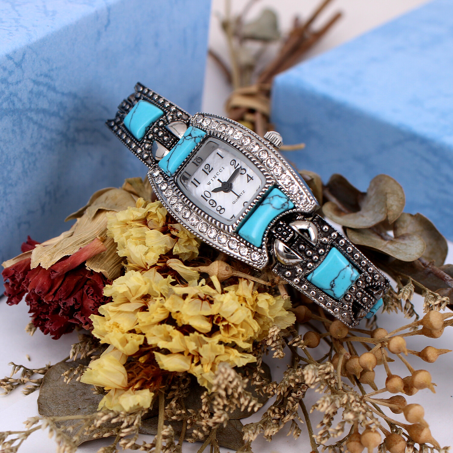 Blekon Collections Ladies Square Face Rhinestone Turquoise Linked Band Watch