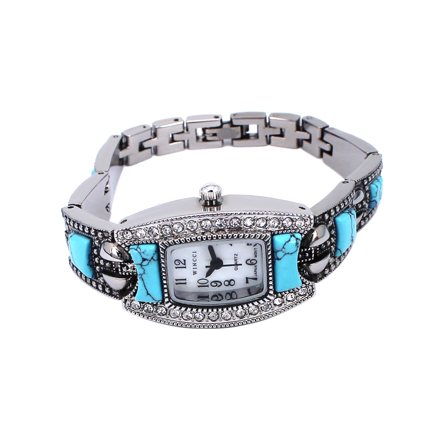 Blekon Collections Ladies Square Face Rhinestone Turquoise Linked Band Watch