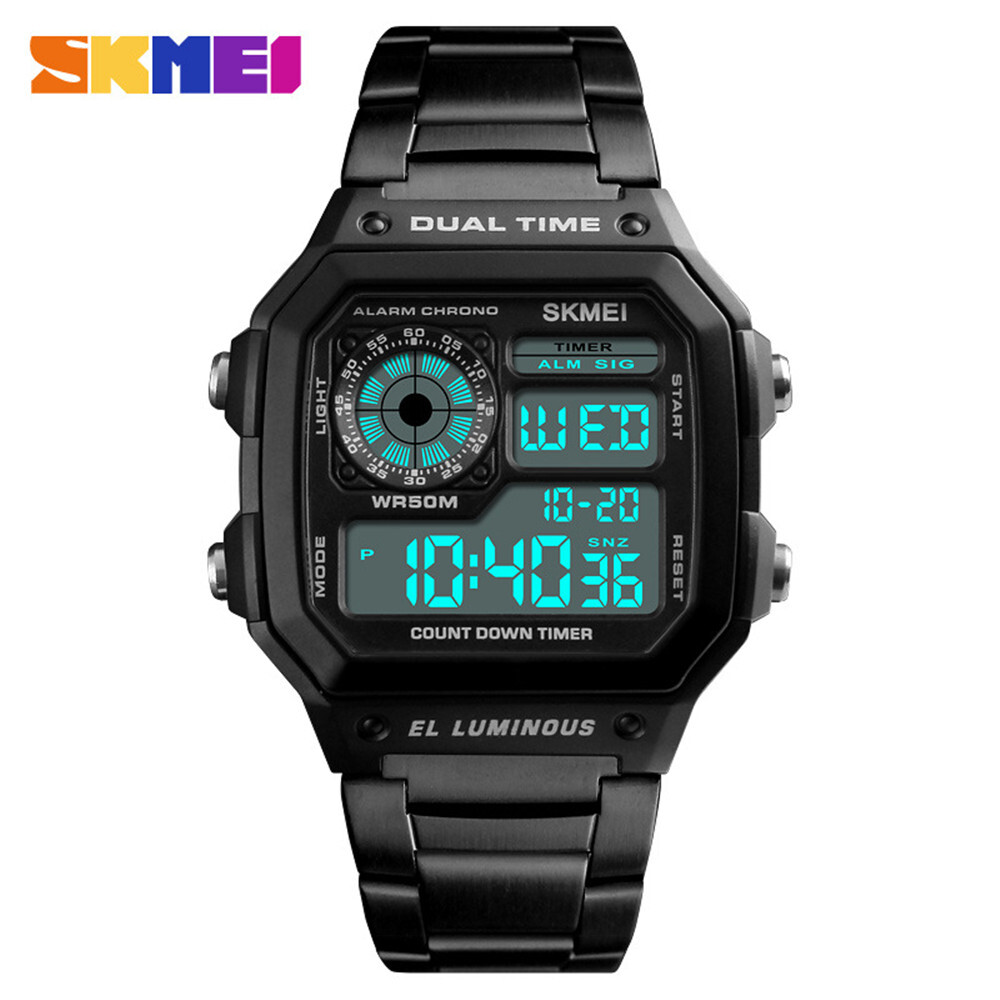 SKMEI Men Rectangle Watch LED Digital Wristwatch Gold Steel Male Alarm Watches