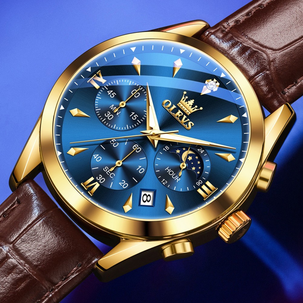 OLEVS 3609 Luminous Night Light Three Dial Japan Movement Leather Quartz Watch