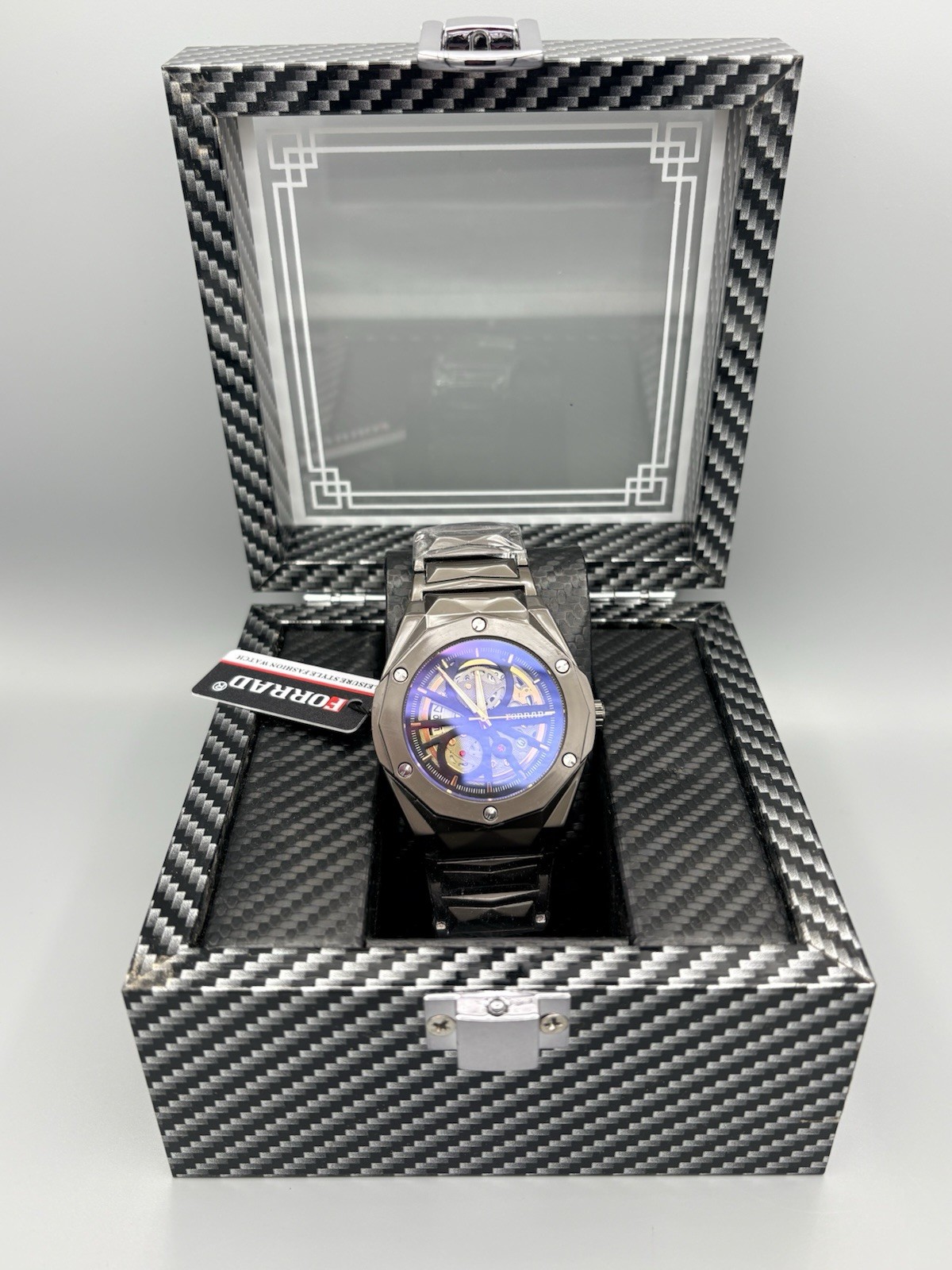 FORRAD Men’s Skeleton Dial Quartz Watch Black Stainless Steel w/ LED Display Box