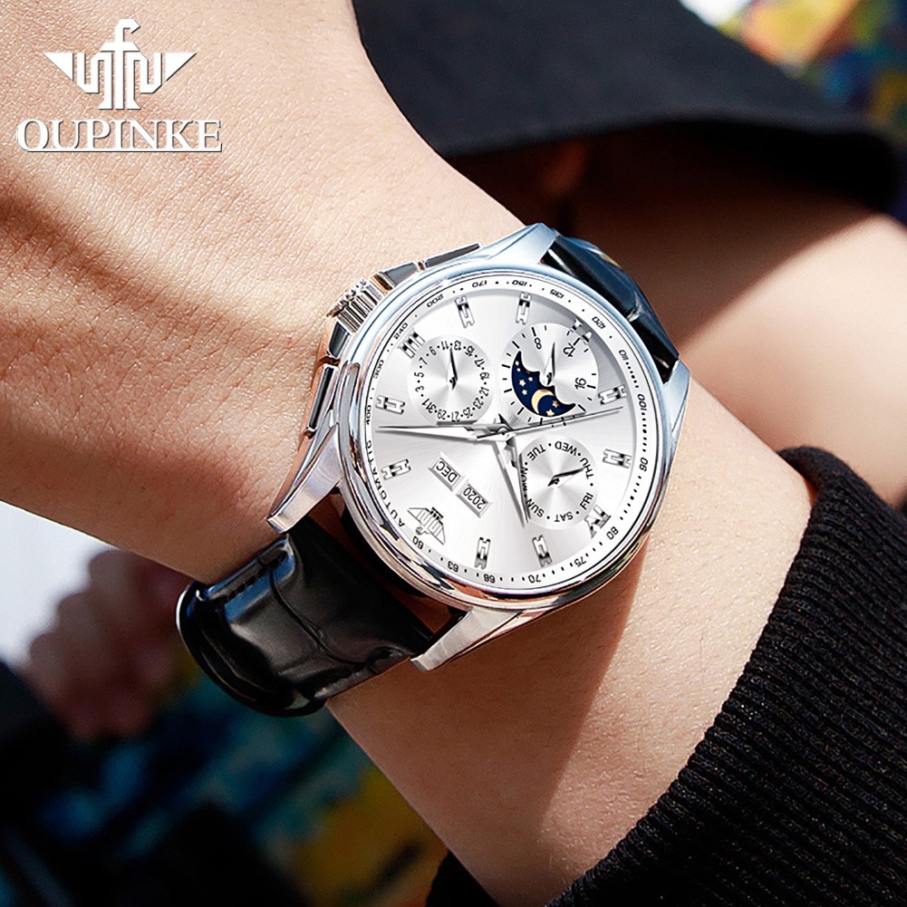 Automatic Mechanical Watch Waterproof Moon Phase Luxury Dial Men Men’s Strap