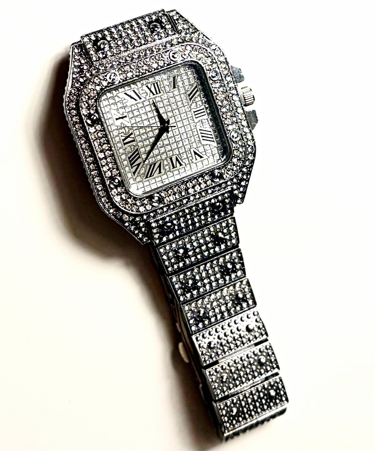 Men’s Luxury Silver-Tone Iced Out Square Analog Watch Roman Dial Bracelet