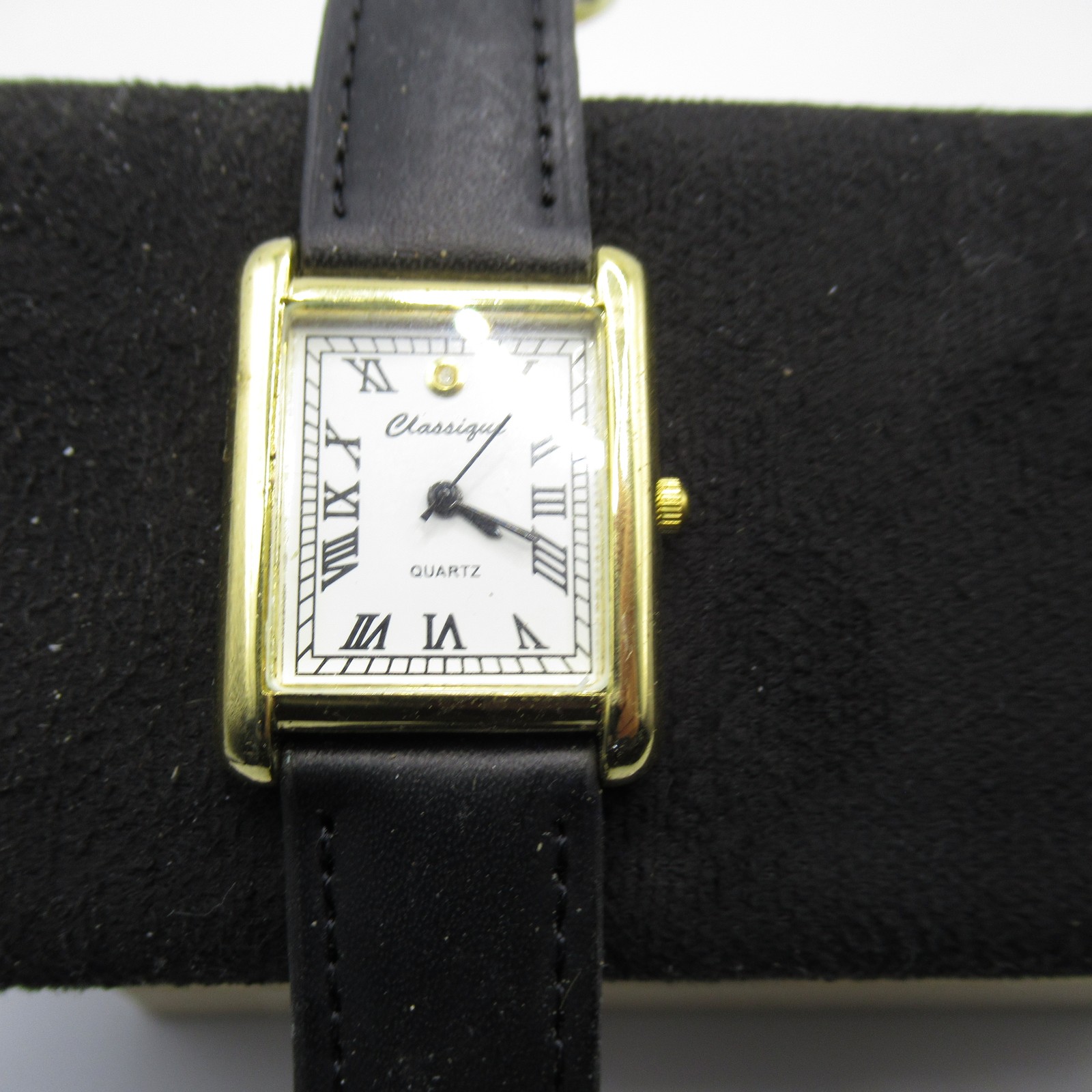 Classique Women’s Gold Tone Rectangle Quartz Watch Black Genuine Leather Band