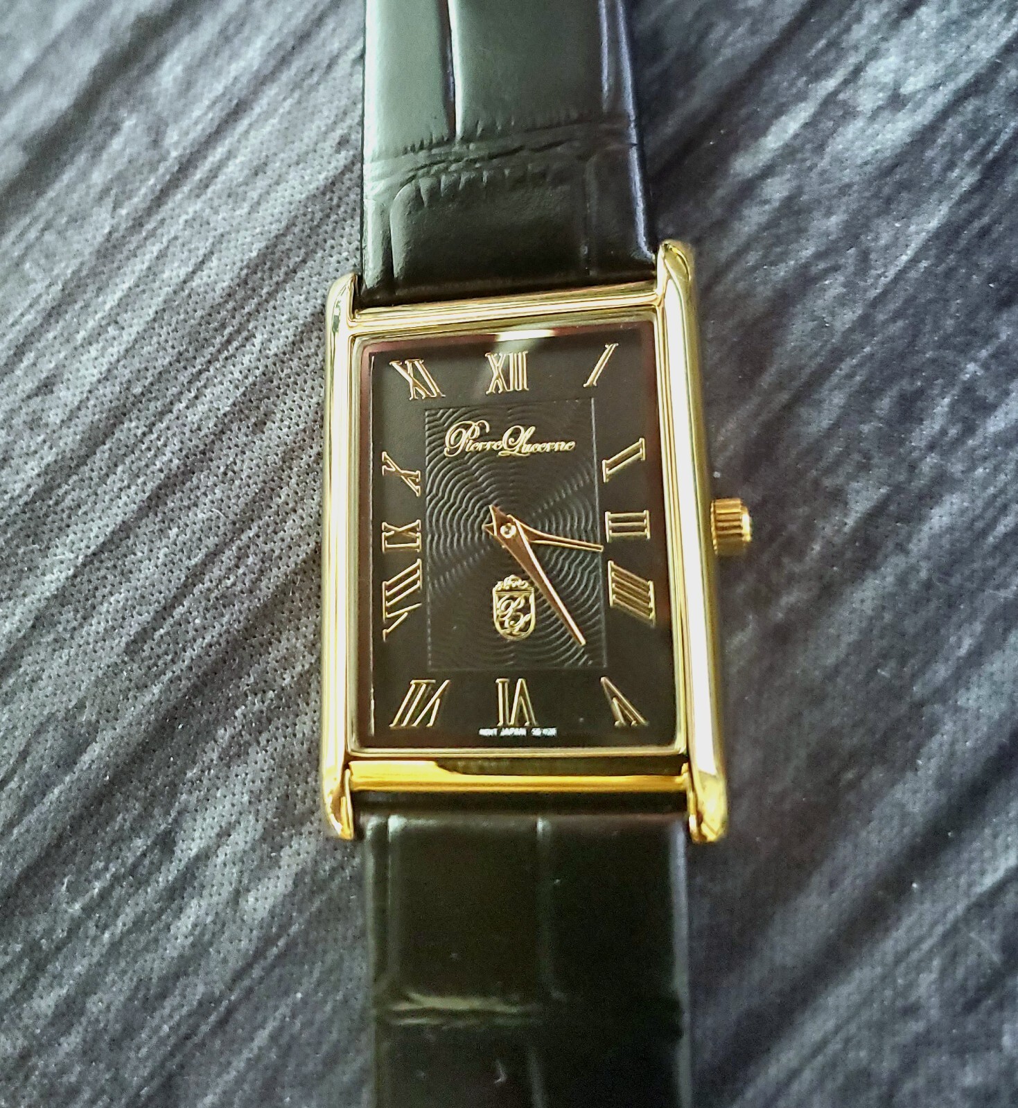 Authentic Pierre Lucerne Slim Quartz Mens BLK Tank Dress Watch