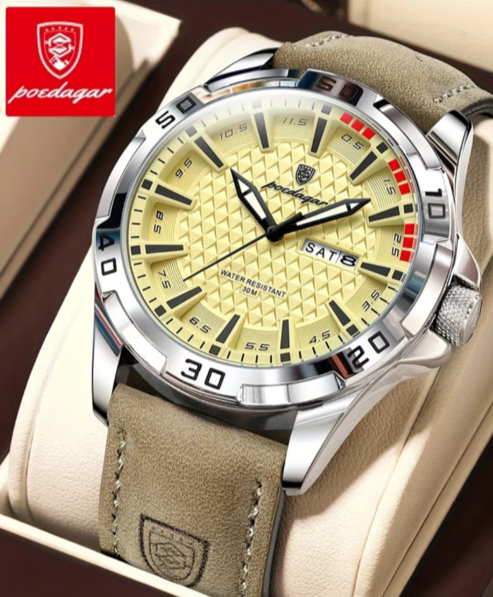 POEDAGAR Men’S Designer Timepiece, Elegant And Opulent Faux Leather Sports Calen