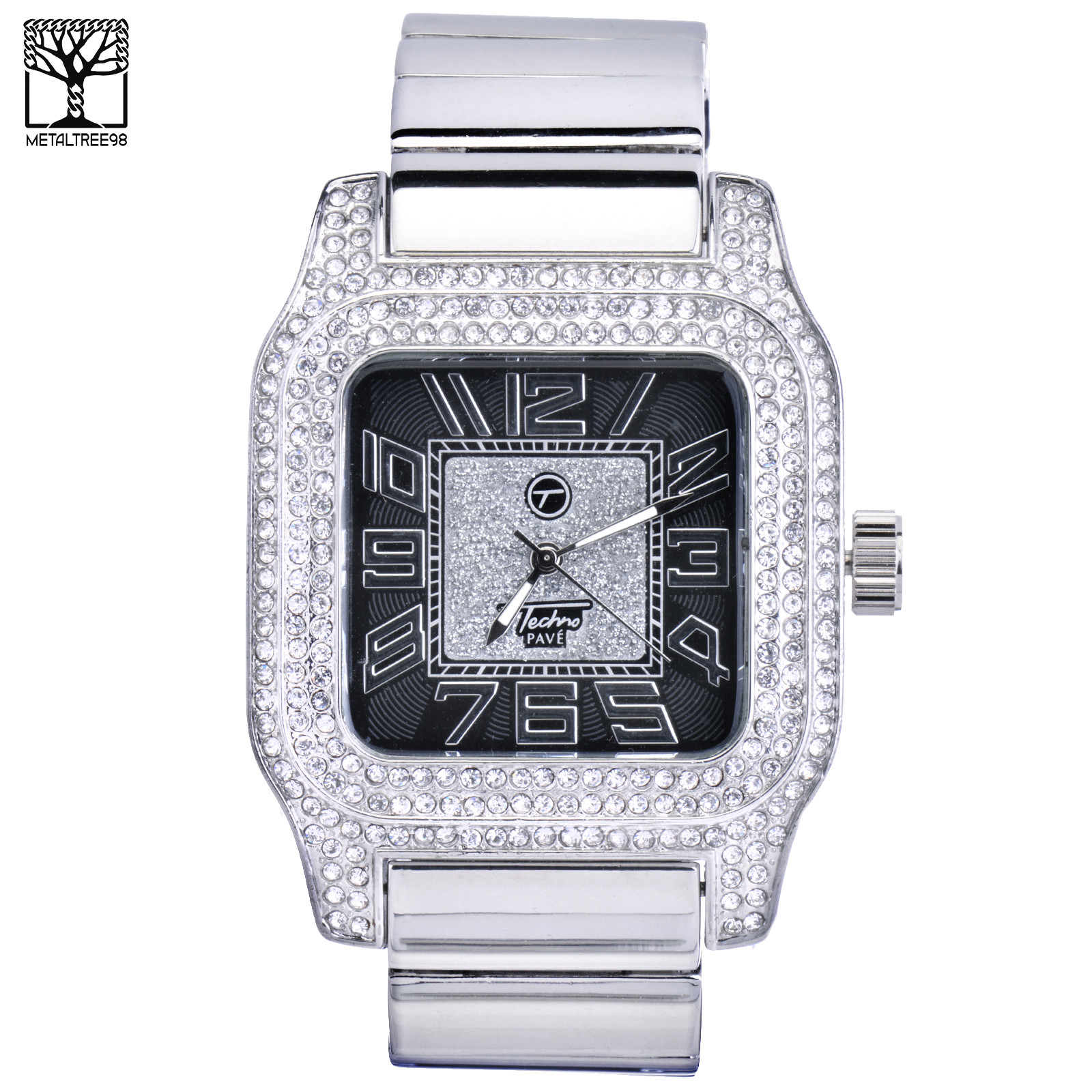 Men’s Iced Silver Plated Analog Stainless Steel Back Metal Band Watches 7970 SBK