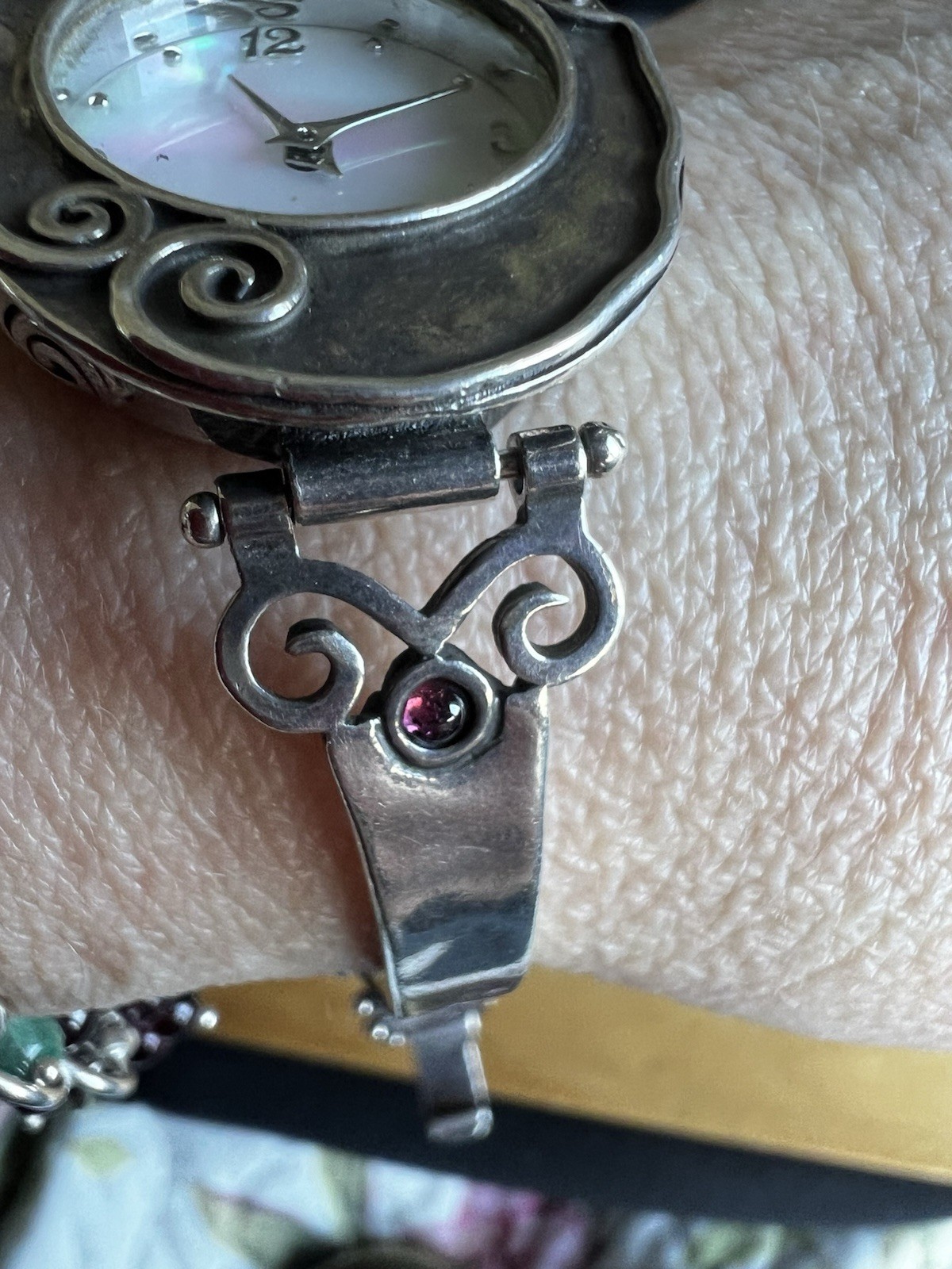 Gorgeous Or Paz Solid Silver Watch With Mother of Pearl Dial & Garnets