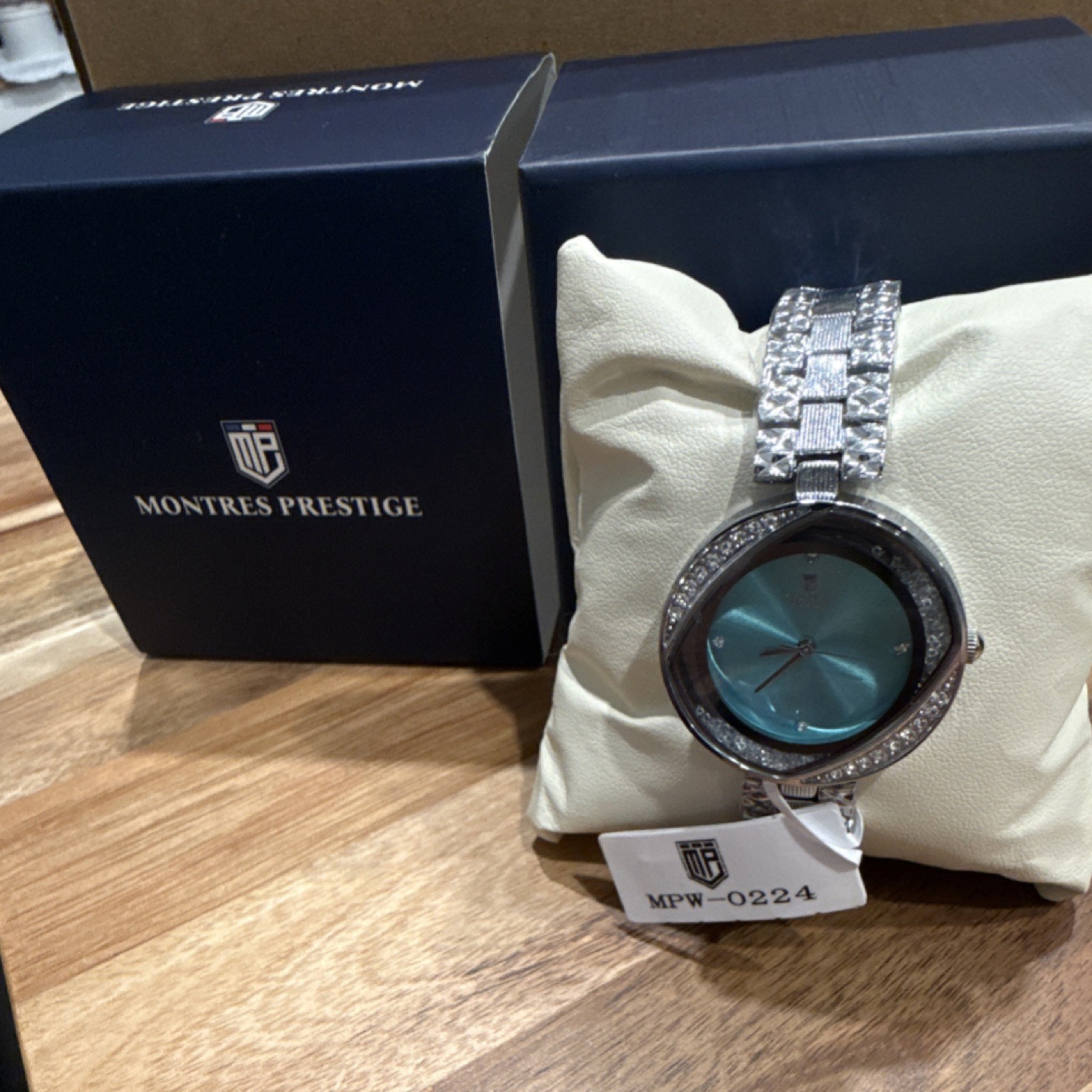 Montres Prestige Women’s Silver Bracelet Watch Blue Dial Gemstone Markers Box