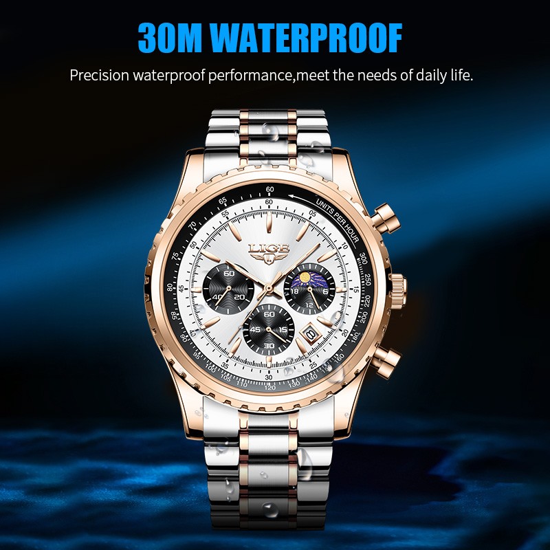 LIGE Men Watch Quartz Date Luminous Chronograph Waterproof Stainless Steel Watch