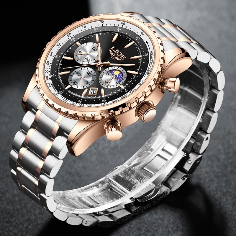 LIGE Men Watch Quartz Date Luminous Chronograph Waterproof Stainless Steel Watch