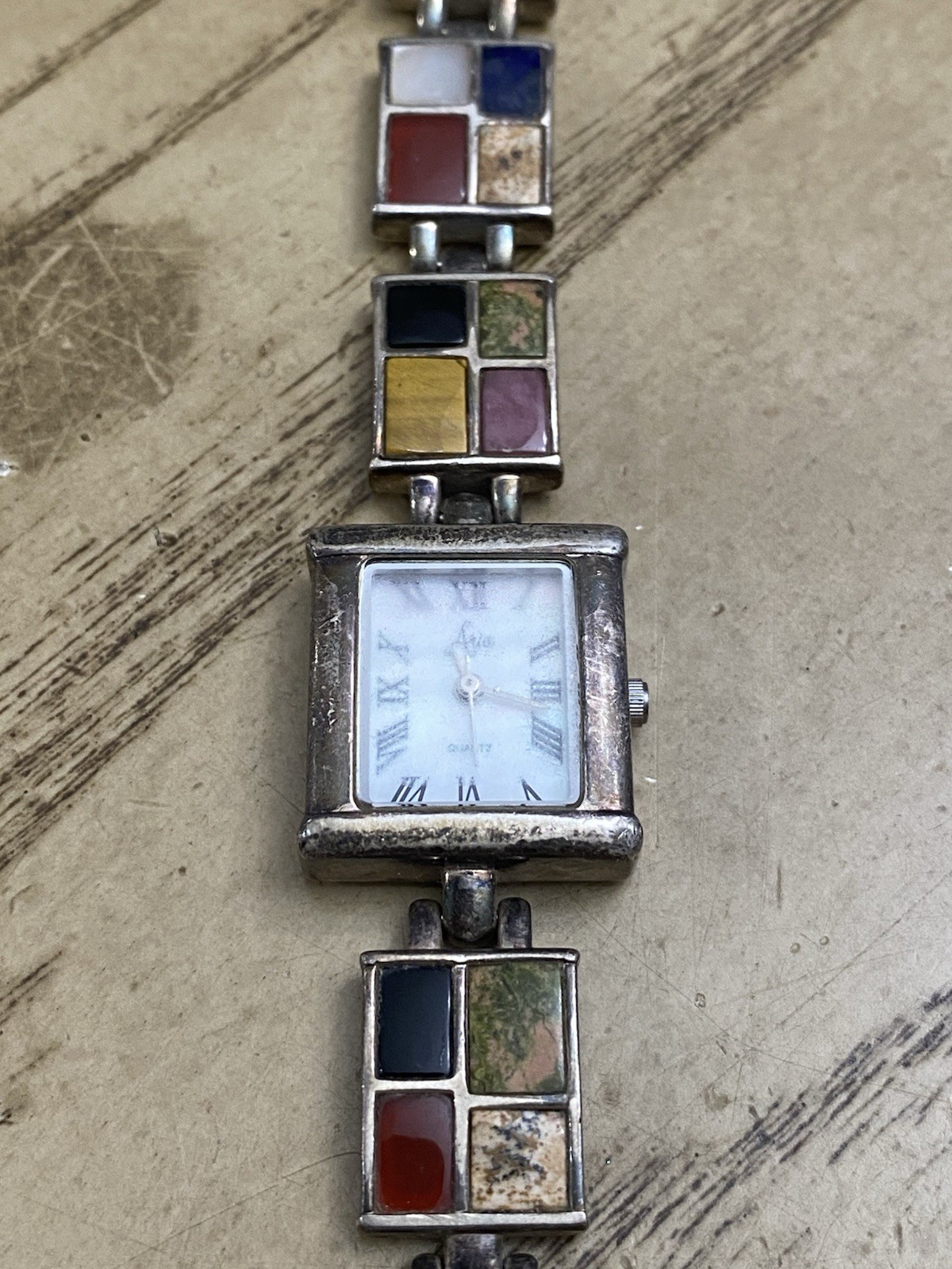 ARIA OIT 925 STERLING SILVER Signed MULTI GEMSTONE Women WATCH Needs Battery