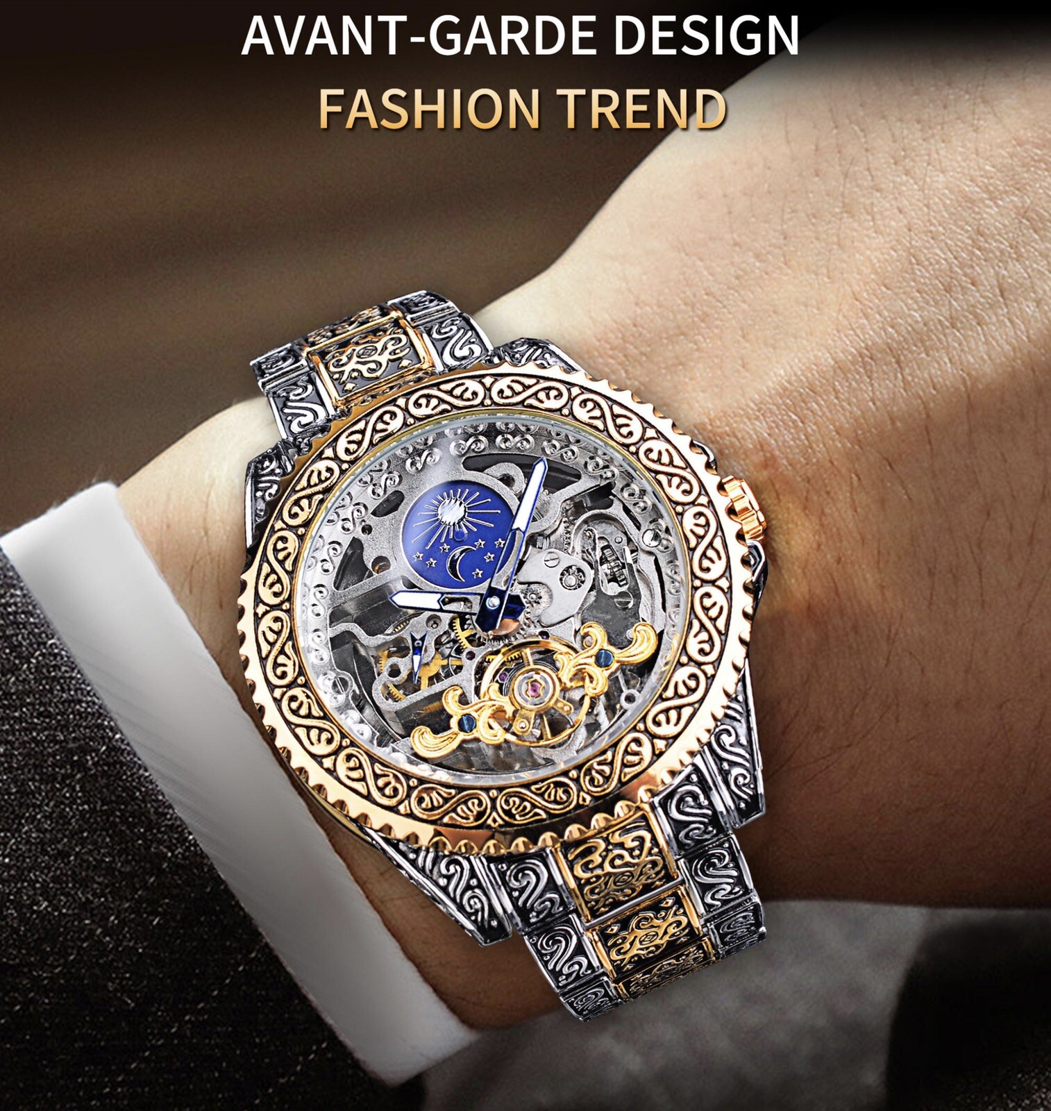 Forsining Skeleton Carved Tourbillon Mechanical Moon Dial Mens Watch waterproof