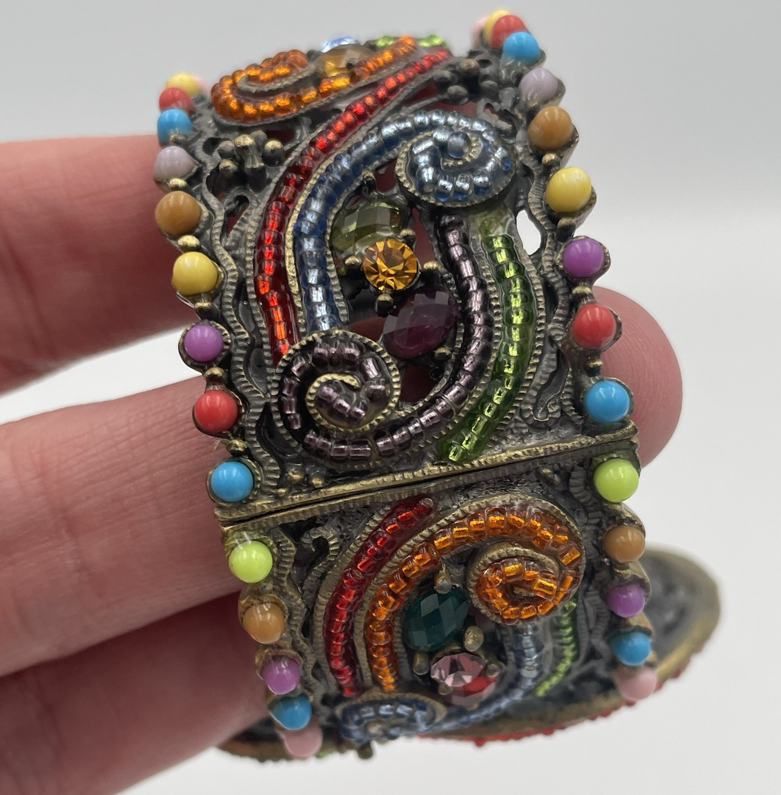 Narmi Quartz Beaded Hinge Bracelet Watch Brass Tone Multicolor Jewel New Battery