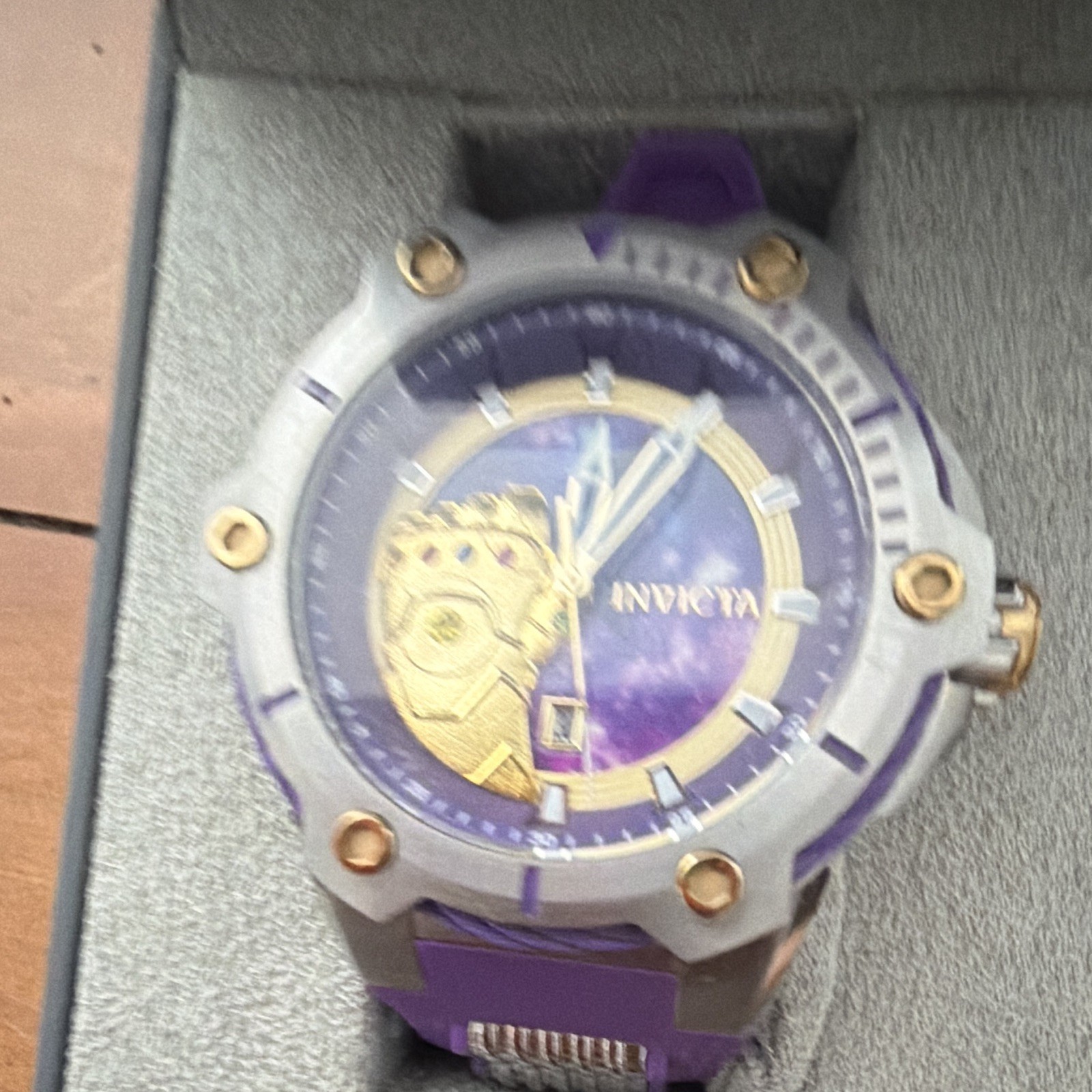 Invicta Marvel Thanos Men’s Quartz Watch Purple/Gold Dial Purple Strap Date Box