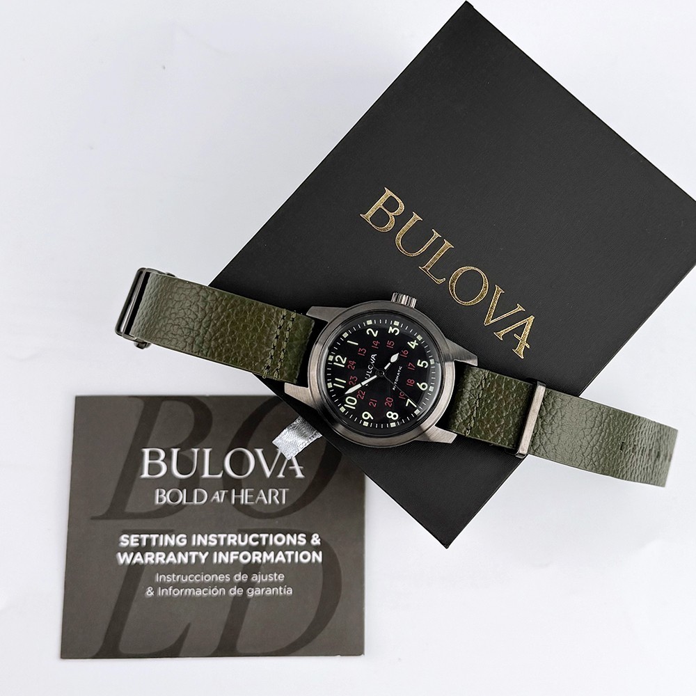 Bulova Men’s Hack Automatic Black Dial Green Leather Strap Watch 98A255