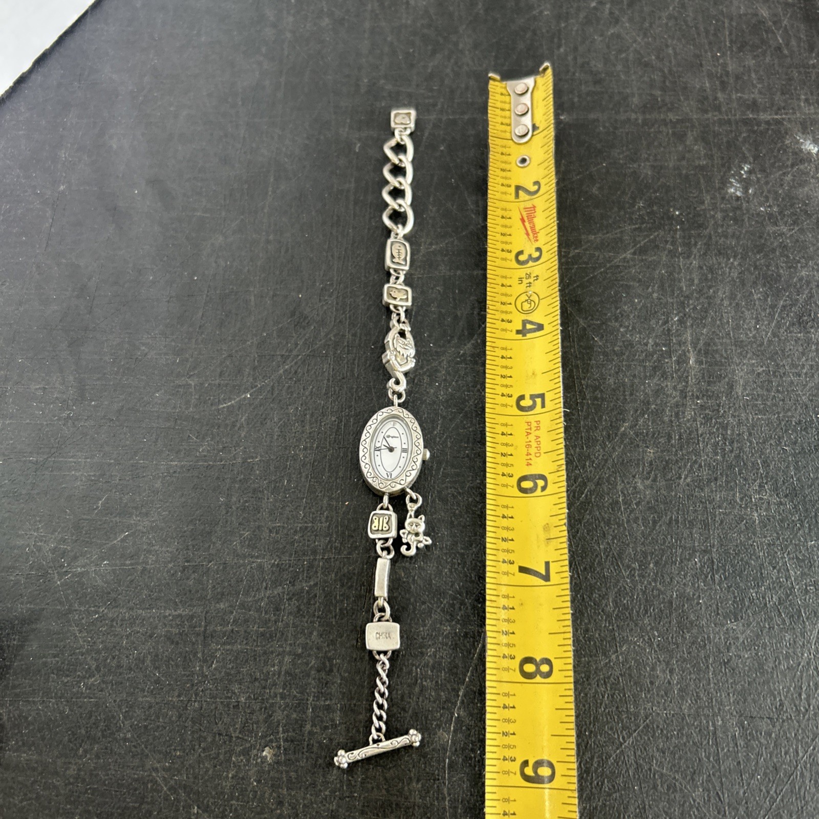 Brighton Pedigree Cat Silver Plated Filigree Chain Women’s Oval Watch New Batt.