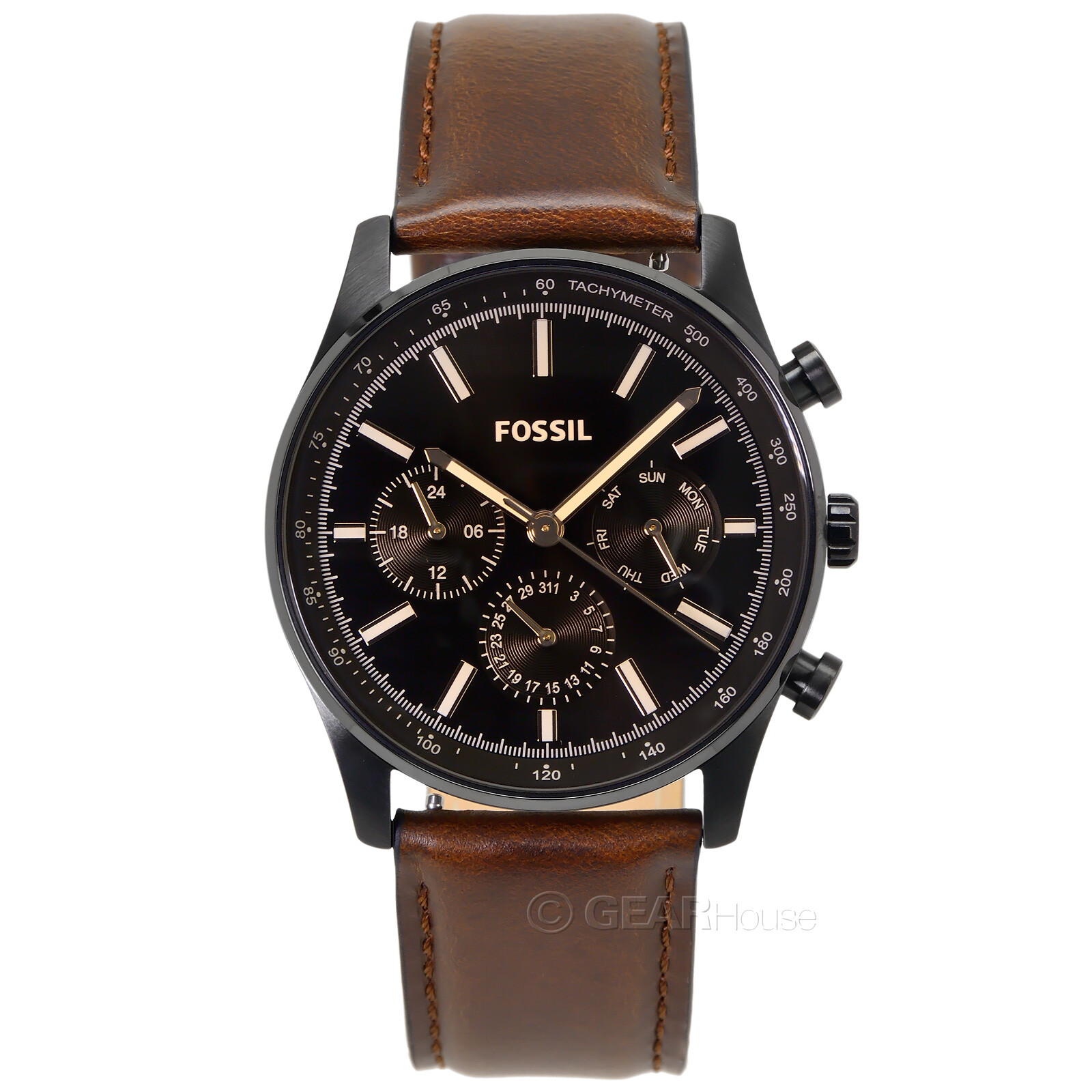 FOSSIL Sullivan Mens Multifunction Watch, Black Dial Day Date Brown Leather Band