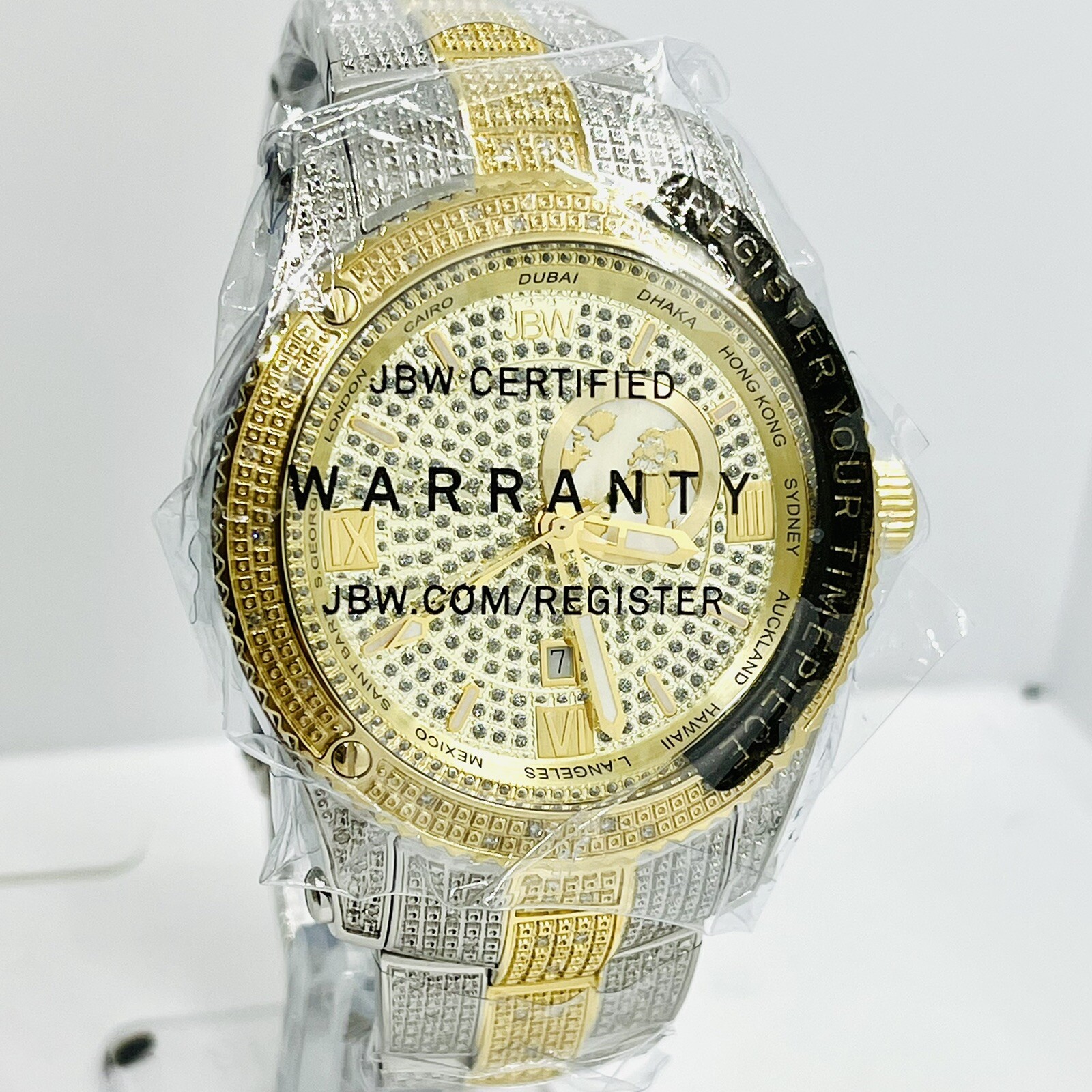 NEW JBW Men’s Jet Setter Two Tone Diamonds Time Zone 45mm Steel Watch J6370D