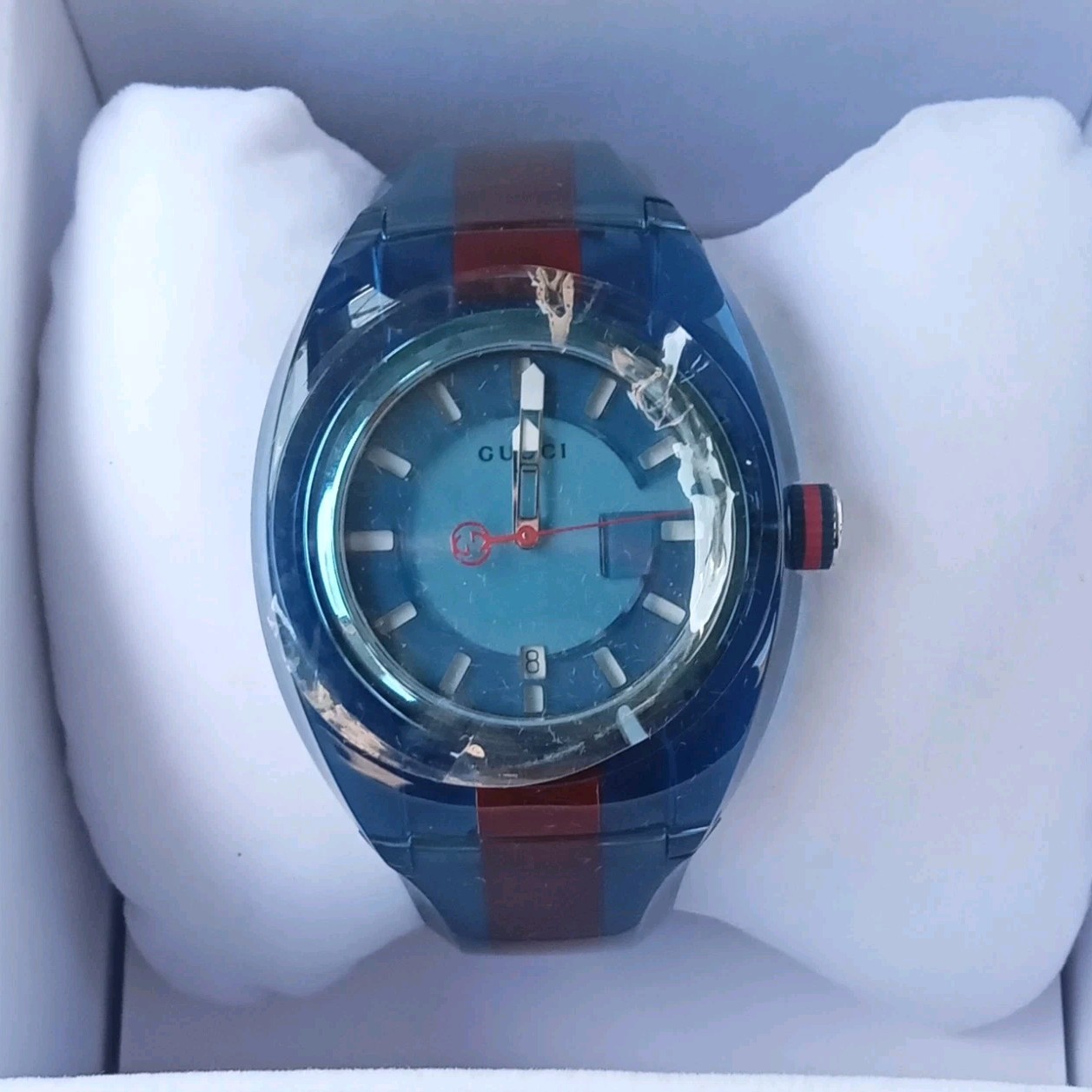 Gucci Sync Blue Quartz Wristwatch Red Stripe Date Indicator in Original Box