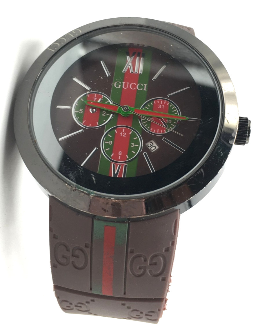 MEN’S GUCCI WATCH RED GREEN STRIPE DARK BROWN LOGO BAND BBA-33G Needs A Battery