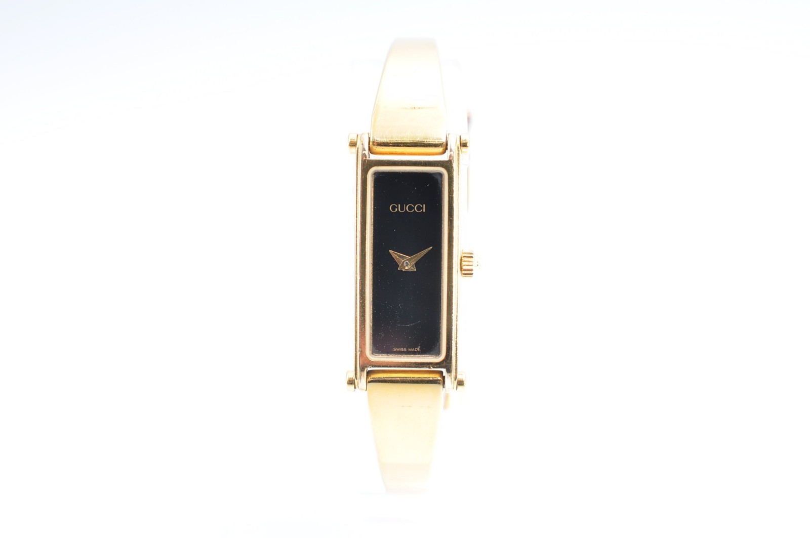 GUCCI 1500L Bangle Quartz Analog Square Gold Black Watch w-12232