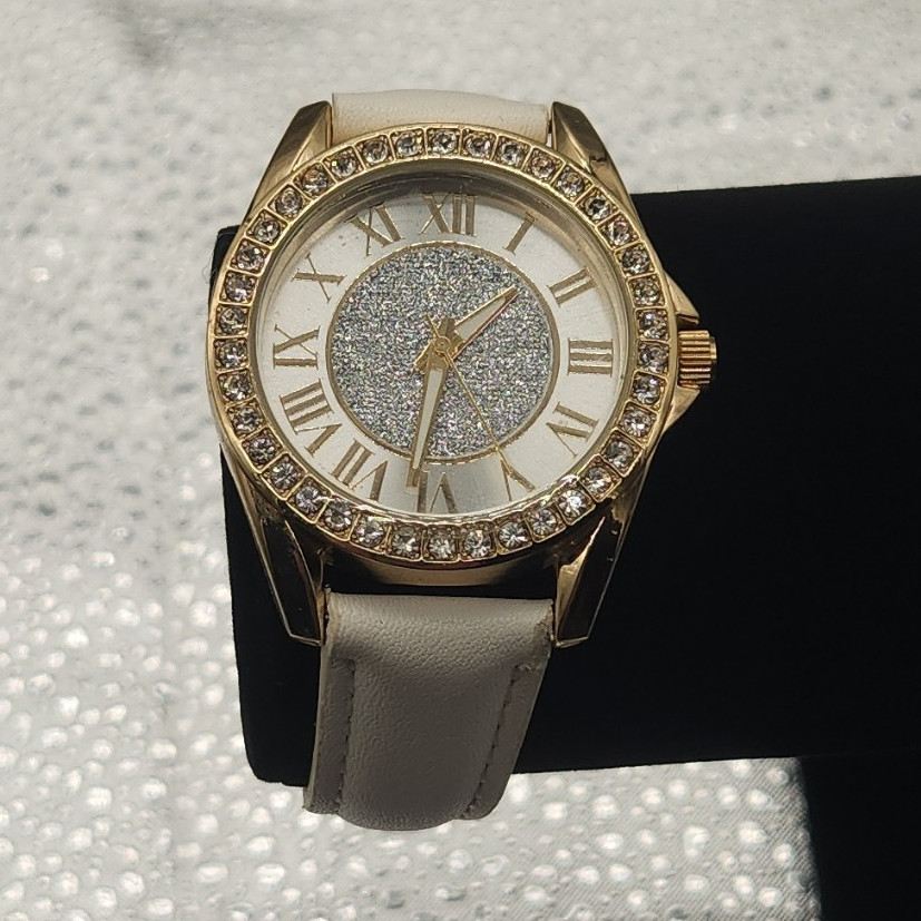 Women’s Dress Gold Tone Crystal Bezel Roman Dial Analog White Leather Watch